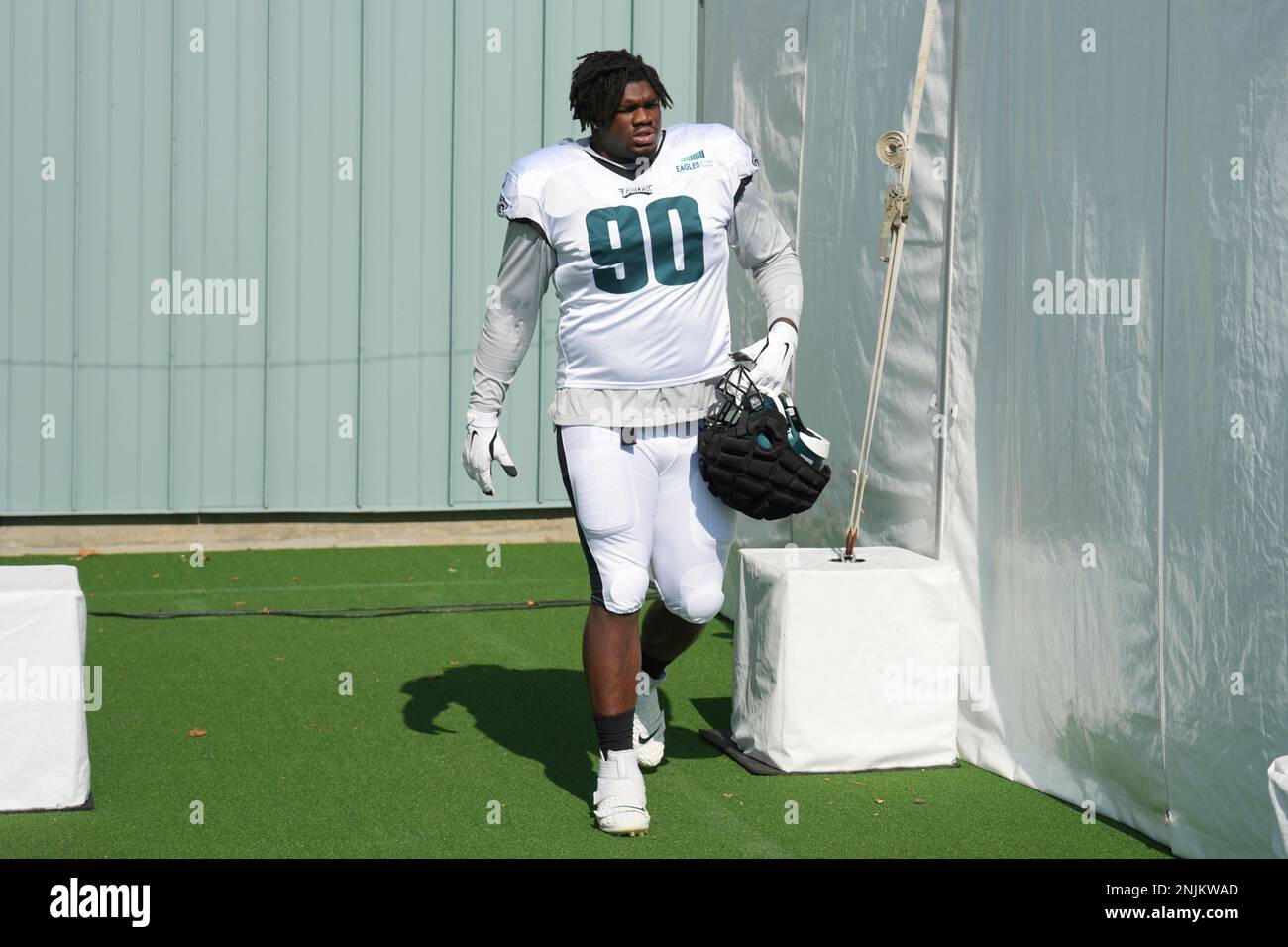 PHILADELPHIA, PA - AUGUST 02: Philadelphia Eagles defensive tackle Kobe  Smith (50) looks on during training camp on July 29, 2022 at the NovaCare  Complex in Philadelphia PA.(Photo by Andy Lewis/Icon Sportswire) (