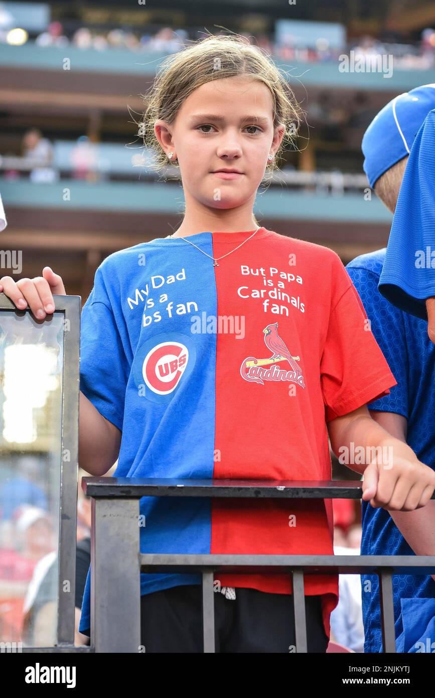 ST. LOUIS, MO - AUG 02: A fan wears a shirt keeping peace in the family  between split St. Louis and Chicago fans during a game between the Chicago  Cubs and the