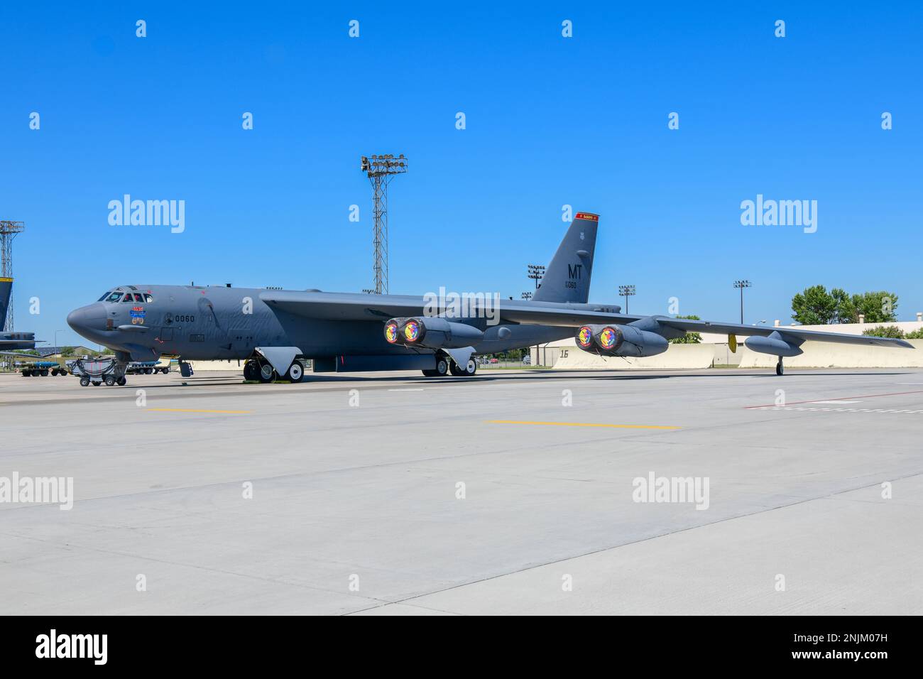 A B52H Stratofortress sit parked on the flight line at Minot Air Force