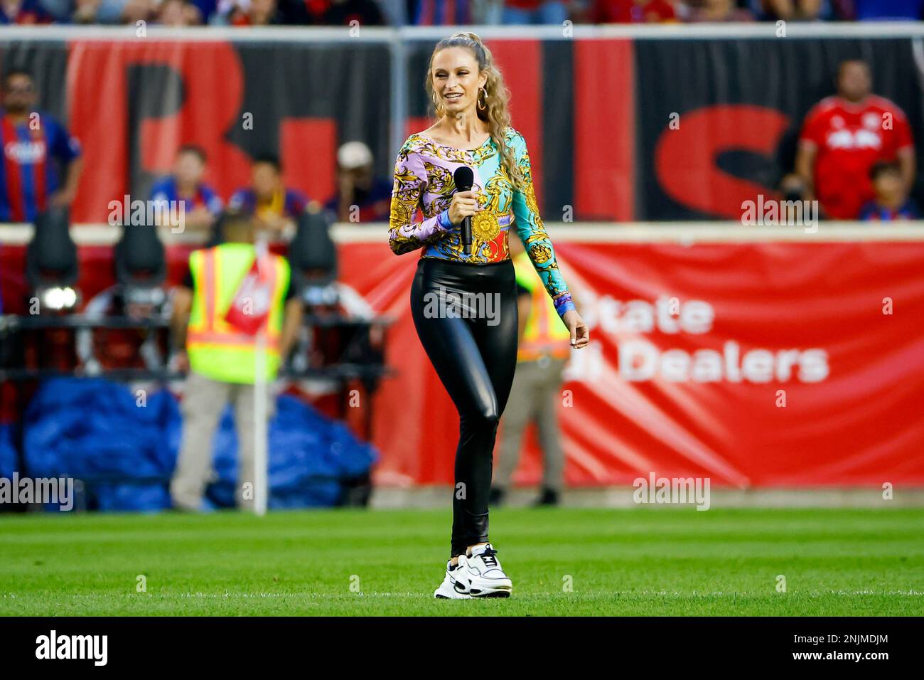 HARRISON, NJ JULY 30 Lauren Hashian sings during halftime of the