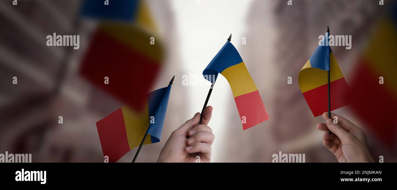 A group of people holding small flags of the Chad in their hands Stock ...