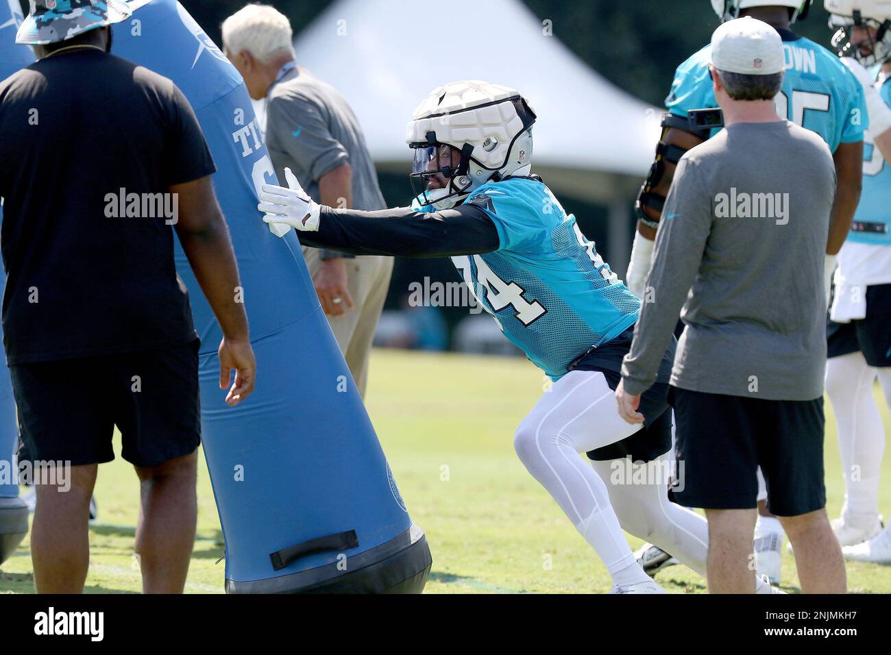 Carolina Panthers offensive tackle Ikem Ekwonu walks onto the field at the  NFL football team's training camp on Saturday, July 29, 2023, in  Spartanburg, S.C. (AP Photo/Jacob Kupferman Stock Photo - Alamy