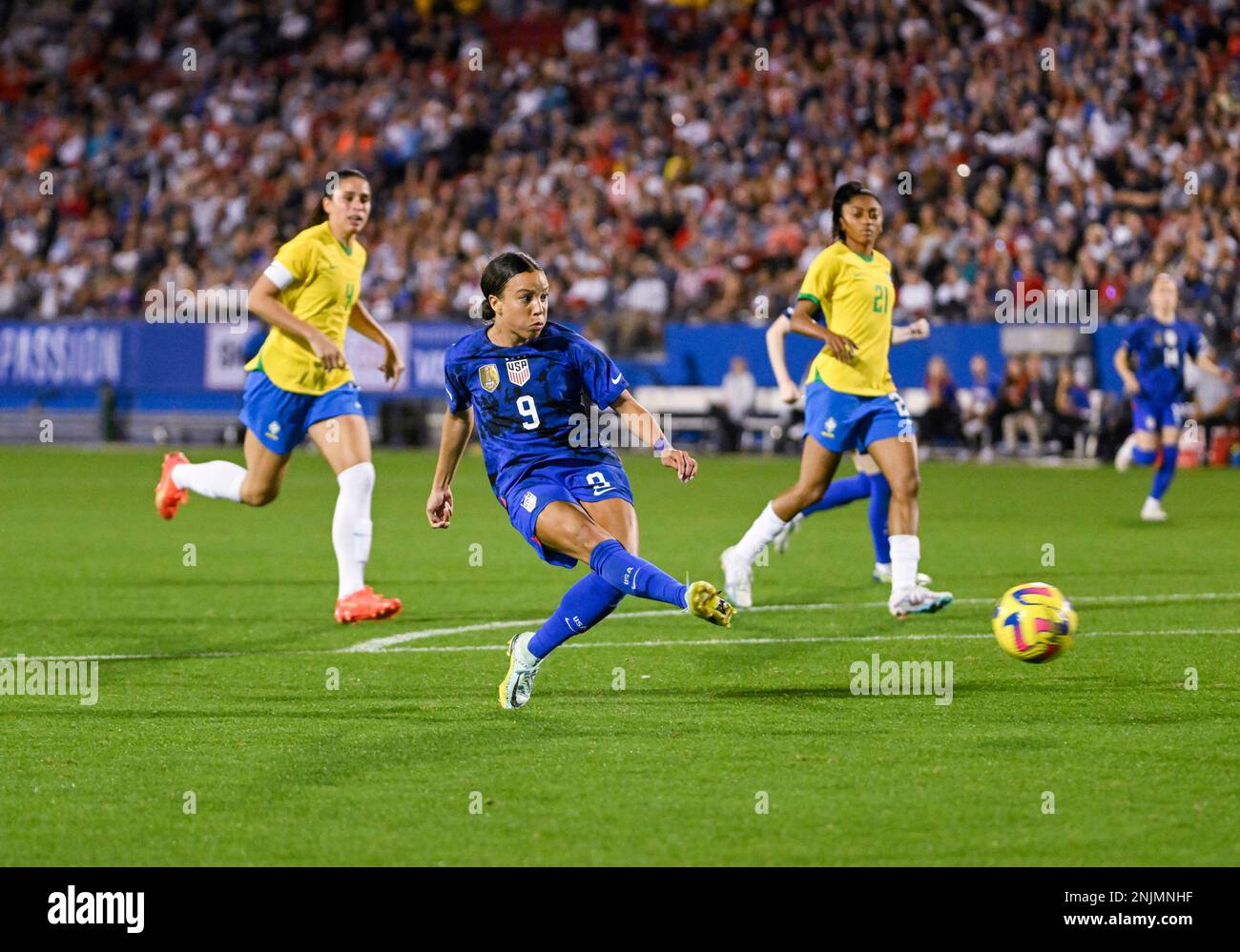 Feb 22, 2023: Team USA forward Mallory Swanson (9) takes a shot in the second half for a goal during the SheBelieves Cup soccer game between the U.S. Womenâ€™s National Team and Brazil Womenâ€™s National Team at Toyota Stadium in Frisco, Texas, USA defeated Brazil 2-1 Albert Pena/CSM Stock Photo