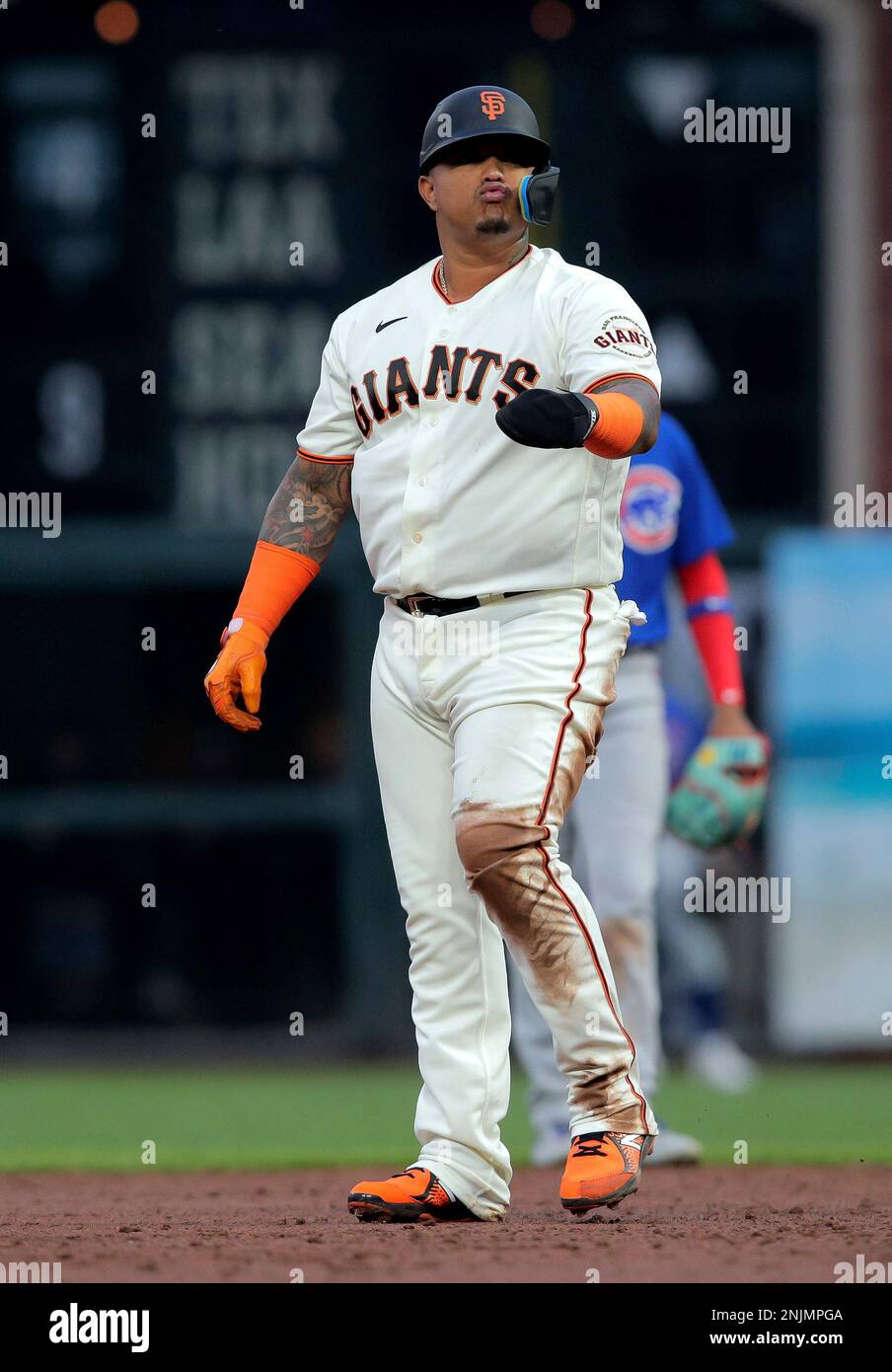 Yermin Mercedes (6) blows a kiss back to the dugout after reaching second  on a ball hit by Thairo Estrada (39) in the third inning as the San  Francisco Giants played the