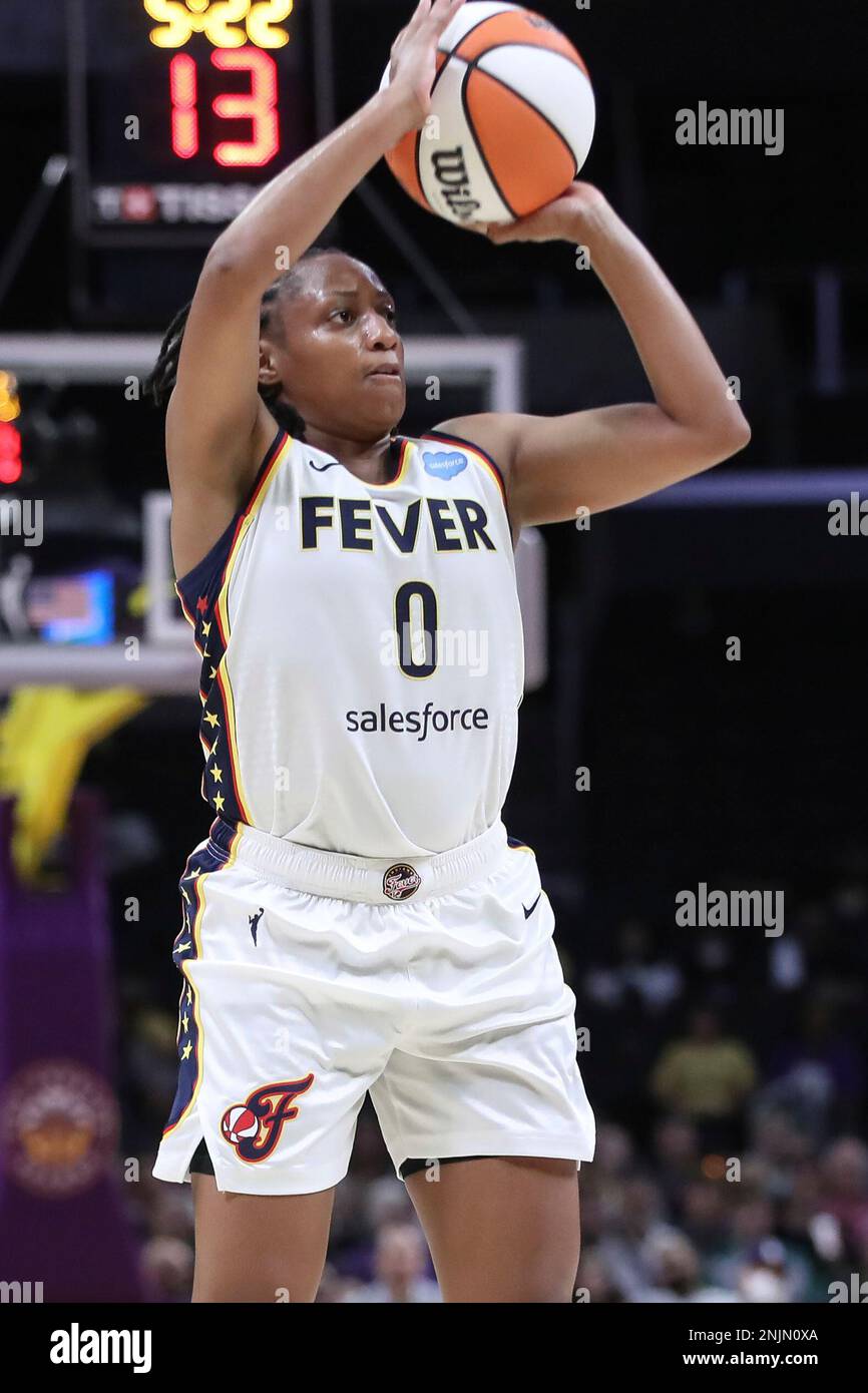 LOS ANGELES, CA - JULY 19: Indiana Fever guard Kelsey Mitchell (0) shoots  during the Indiana Fever game versus the Los Angeles Sparks, on July 19,  2022, at Crypto.com Arena in Los