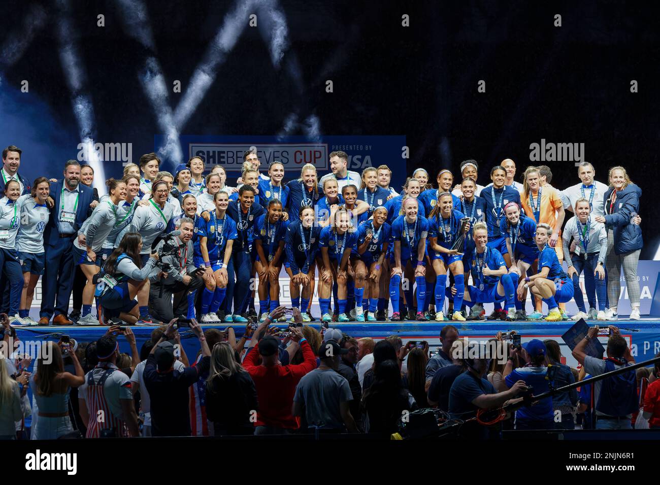 Team USA celebrates winning the 2023 SHEBELIEVES CUP at Toyota Stadium in Frisco, Texas on Wednesday February 22, 2023. (Ed Kelly/Image of Sport) Stock Photo