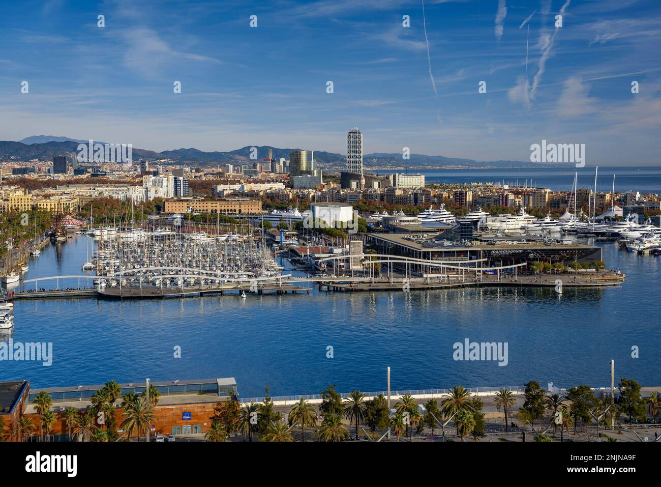 Old Harbor (Port Vell) of Barcelona seen from the port cable car on a winter morning (Barcelona, Catalonia, Spain) ESP: Puerto Viejo (Port Vell) BCN Stock Photo