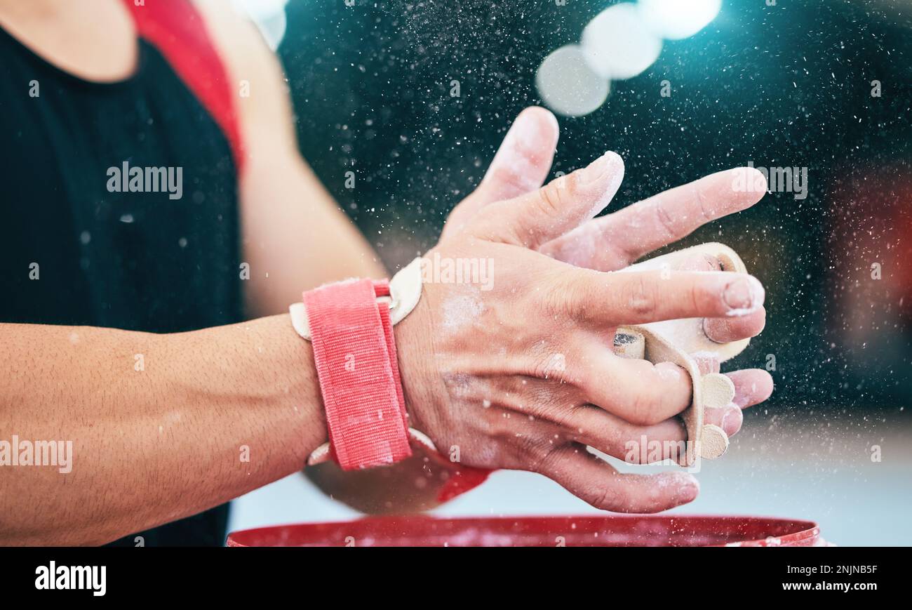 Hands, fitness and gymnast with powder grip in stadium for sports