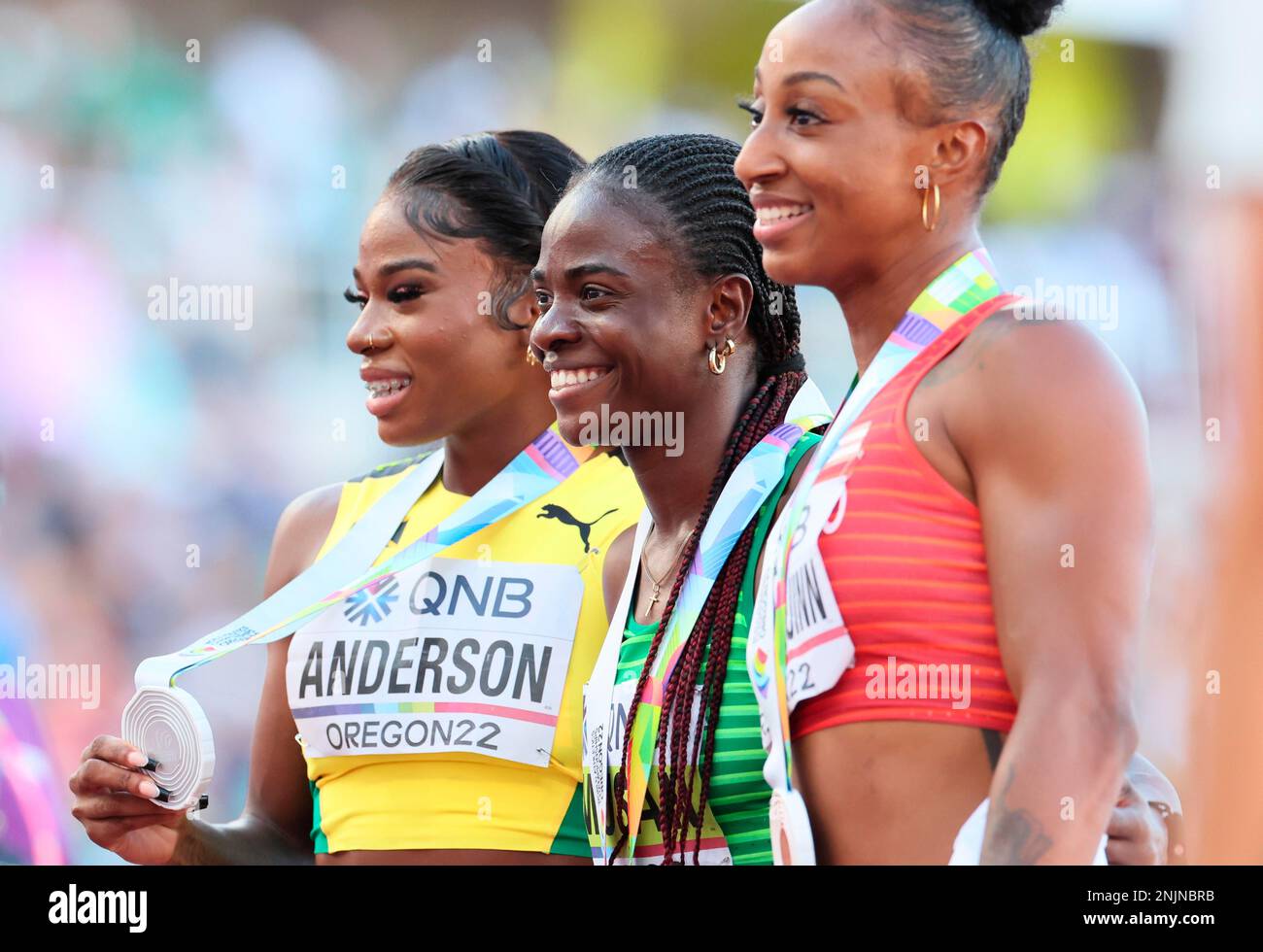 (L to R) Jamaica's Britany ANDERSON, silver, Nigeria's Tobi AMUSAN