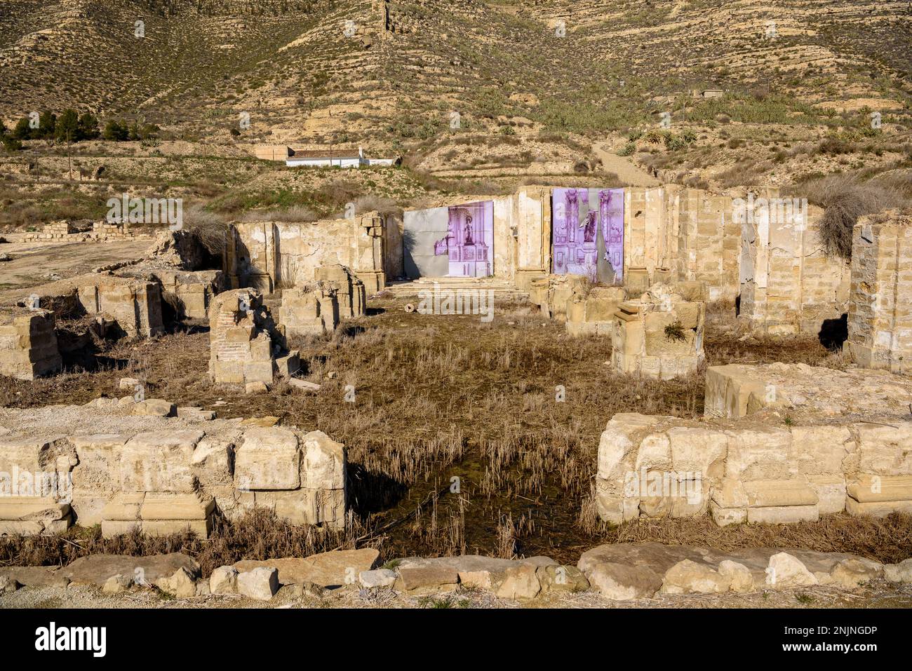 Remains of the old church of Mequinenza destroyed after the construction of the Ribarroja reservoir (Bajo Cinca, Zaragoza, Aragon, Spain) Stock Photo