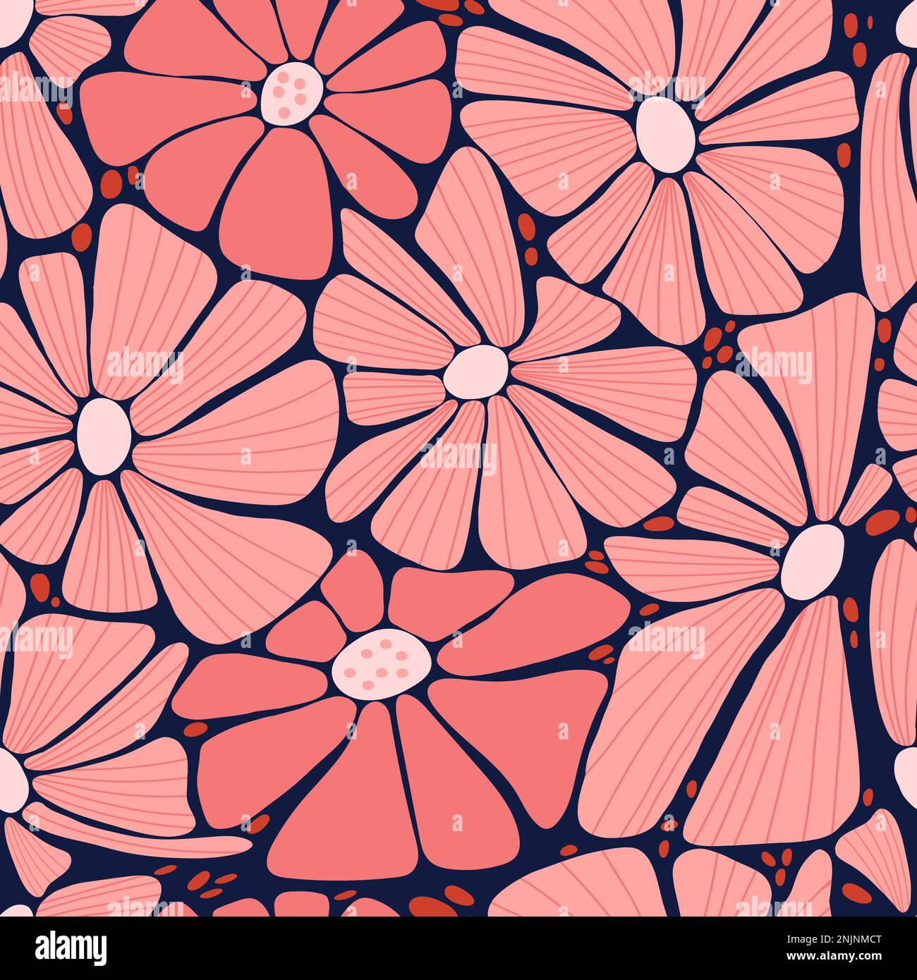 Retro floral seamless pattern with Groovy Daisy Flower on black ...