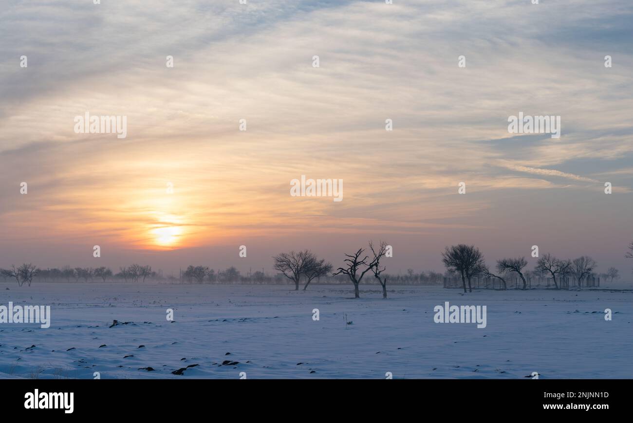 sunset in snowy day in fog Stock Photo