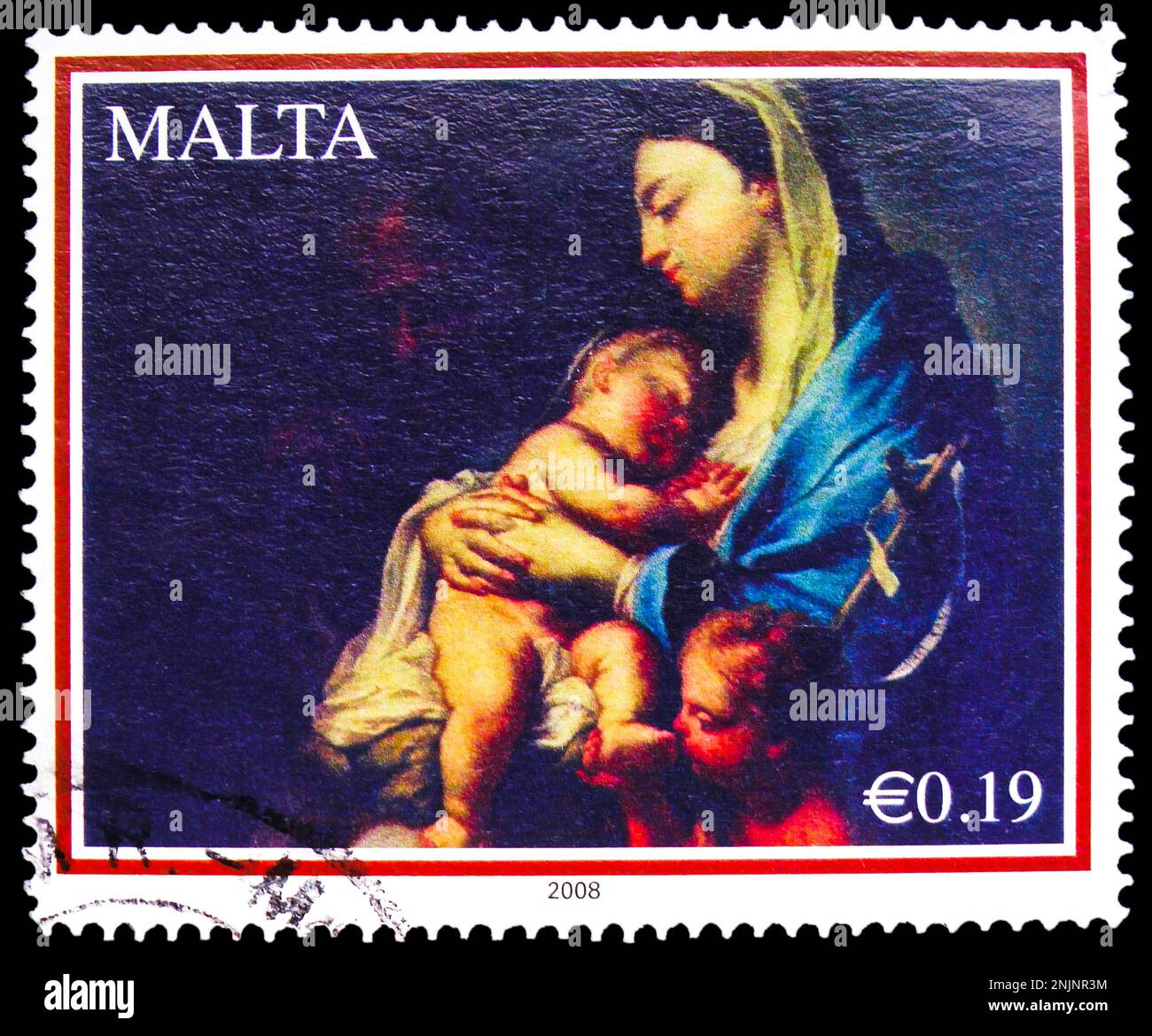 MOSCOW, RUSSIA - FEBRUARY 15, 2023: Postage stamp printed in Malta shows 'Madonna and Child' by Francesco Trevisani, Christmas serie, circa 2008 Stock Photo