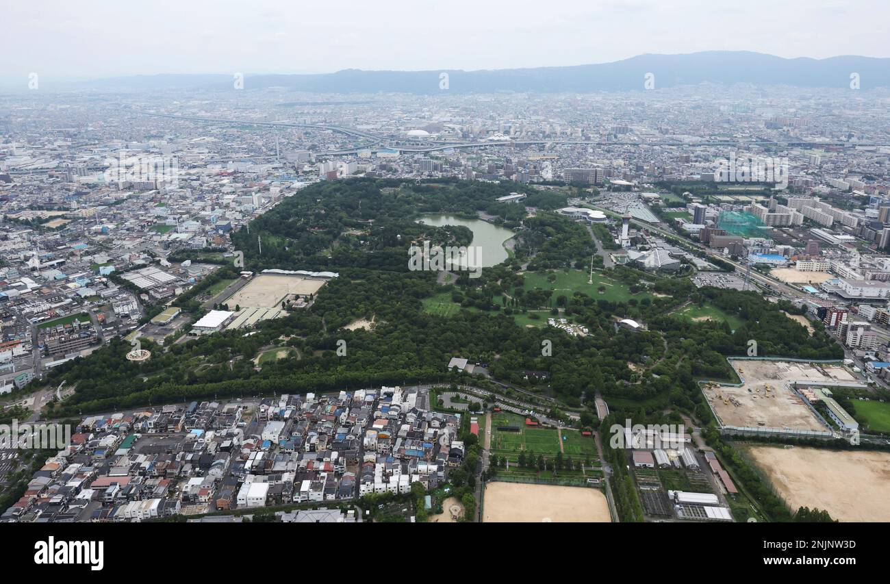 An aerial photo shows Flower Expo Memorial Park Tsurumi Ryokuchi, which