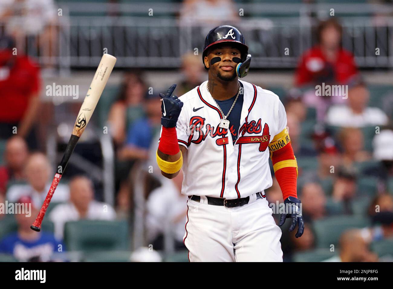 ATLANTA, GA - JULY 13: Atlanta Braves right fielder Ronald Acuna Jr. (13)  looks on during an MLB game against the New York Mets on July 13, 2022 at  Truist Park in