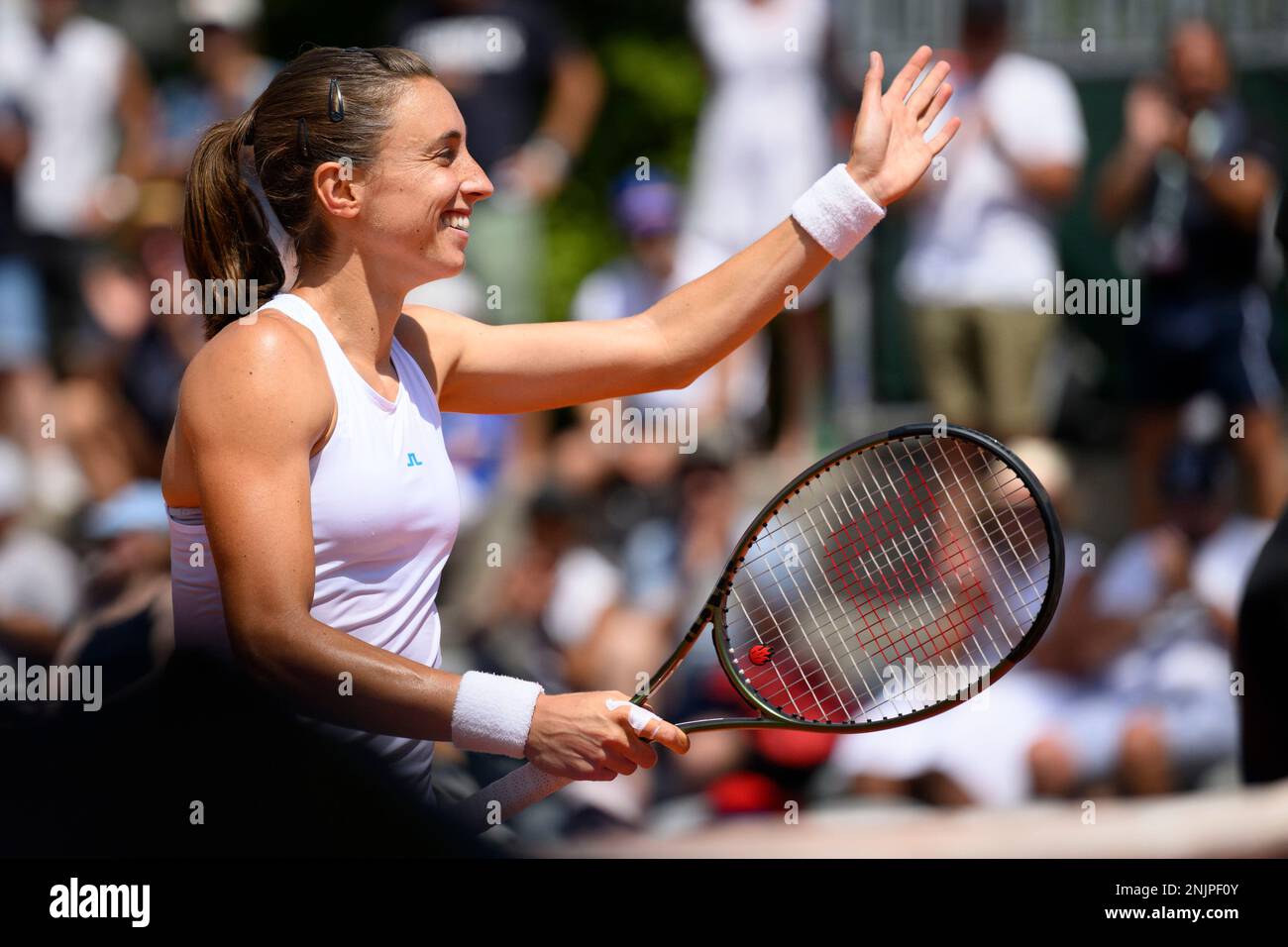 Croatias Petra Martic celebrates her victory against Frances Caroline Garcia during their semi final match at the WTA International Ladies Open Lausanne tennis tournament, in Lausanne, Switzerland, Saturday, July 16, 2022