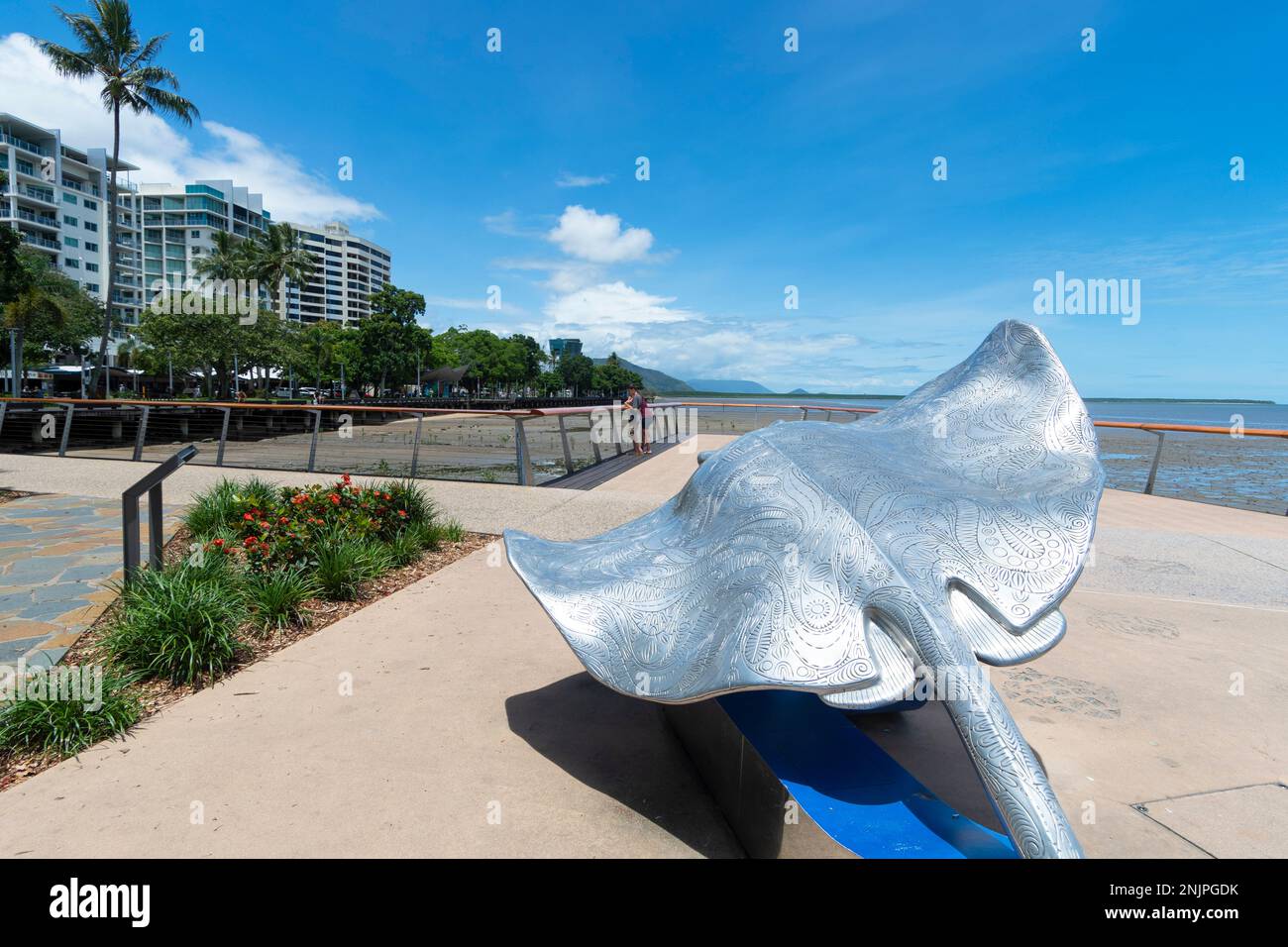 Giant Stingray is part of indigenous artist Brian Robinson's Citizens Gateway to the Great Barrier Reef, Cairns Esplanade, Far North Queensland, FNQ, Stock Photo