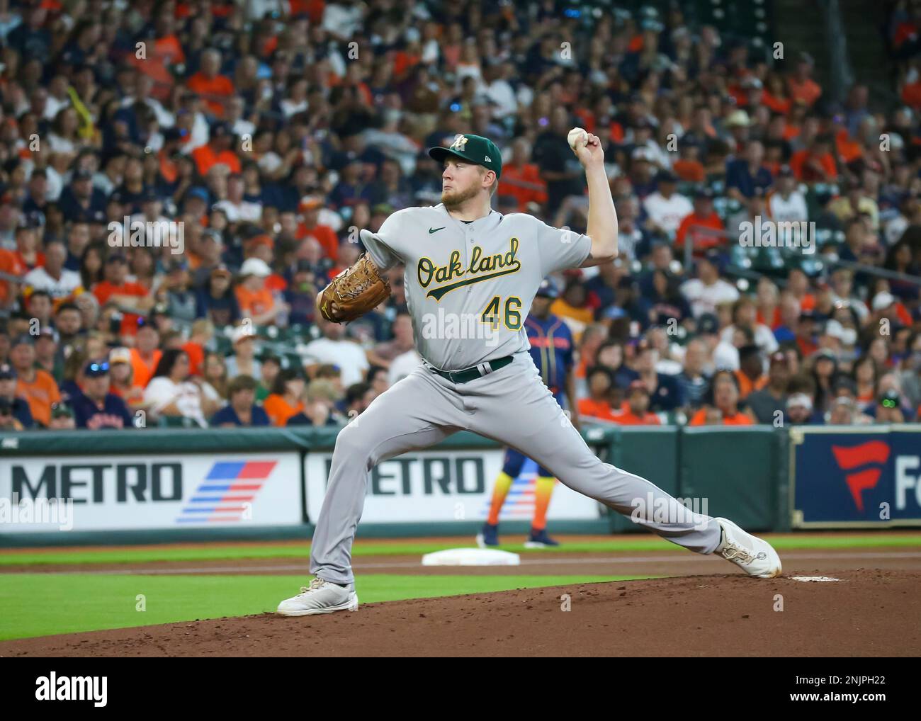 HOUSTON, TX - JULY 16: Oakland Athletics third baseman Vimael Machin (31)  lines out to left in the top of the eighth inning during the MLB game  between the Oakland Athletics and