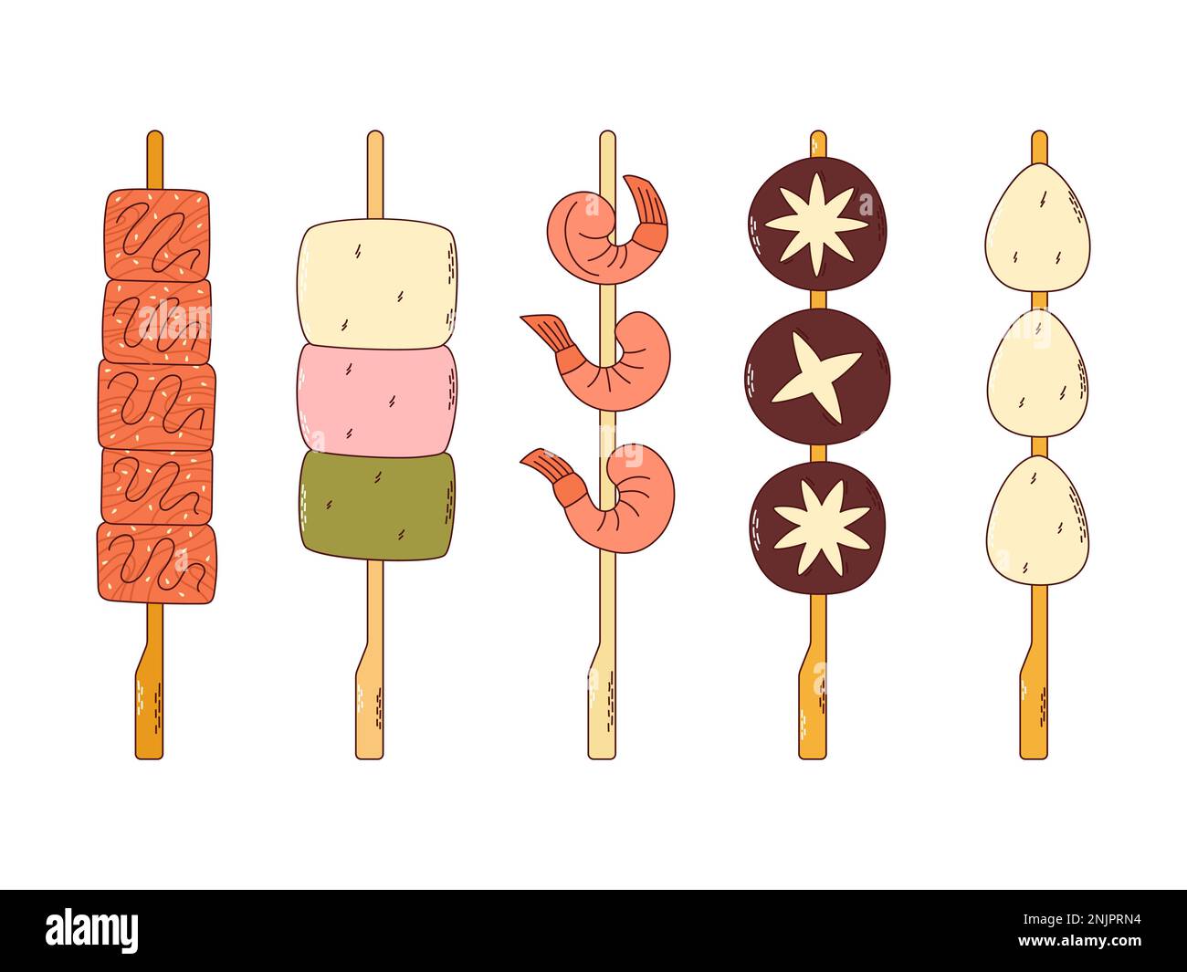 Traditional Japanese food. Asian yakitori skewers with mushrooms, eggs