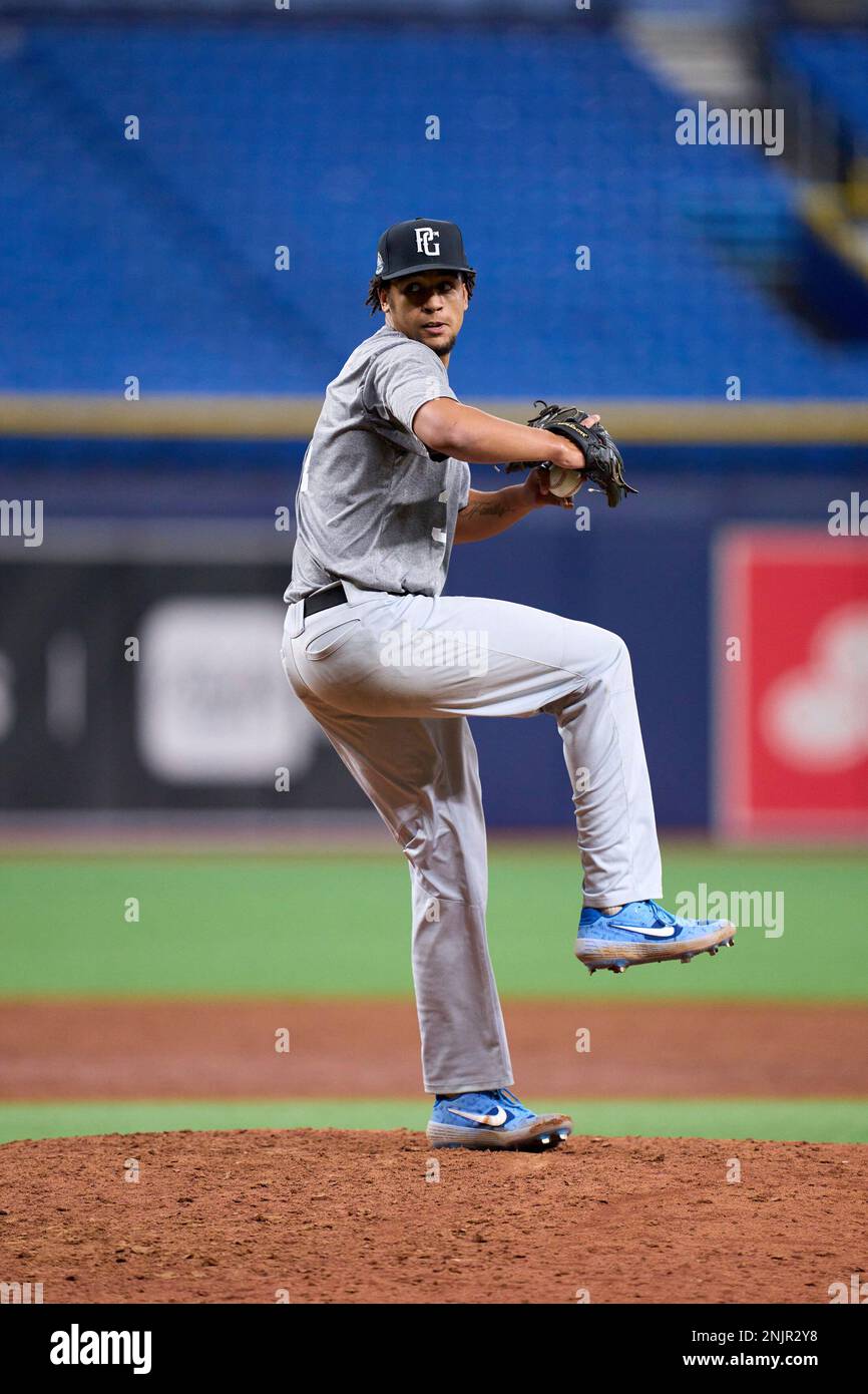 Jarvis Evans Jr (34) of Georgia Premier Academy in Buford, Georgia during  the Perfect Game National Showcase on July 14, 2021 at Tropicana Field in  St. Petersburg, Florida. (Mike Janes/Four Seam Images