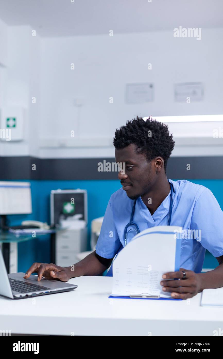 Clinic specialized staff analyzing patient disease history report and