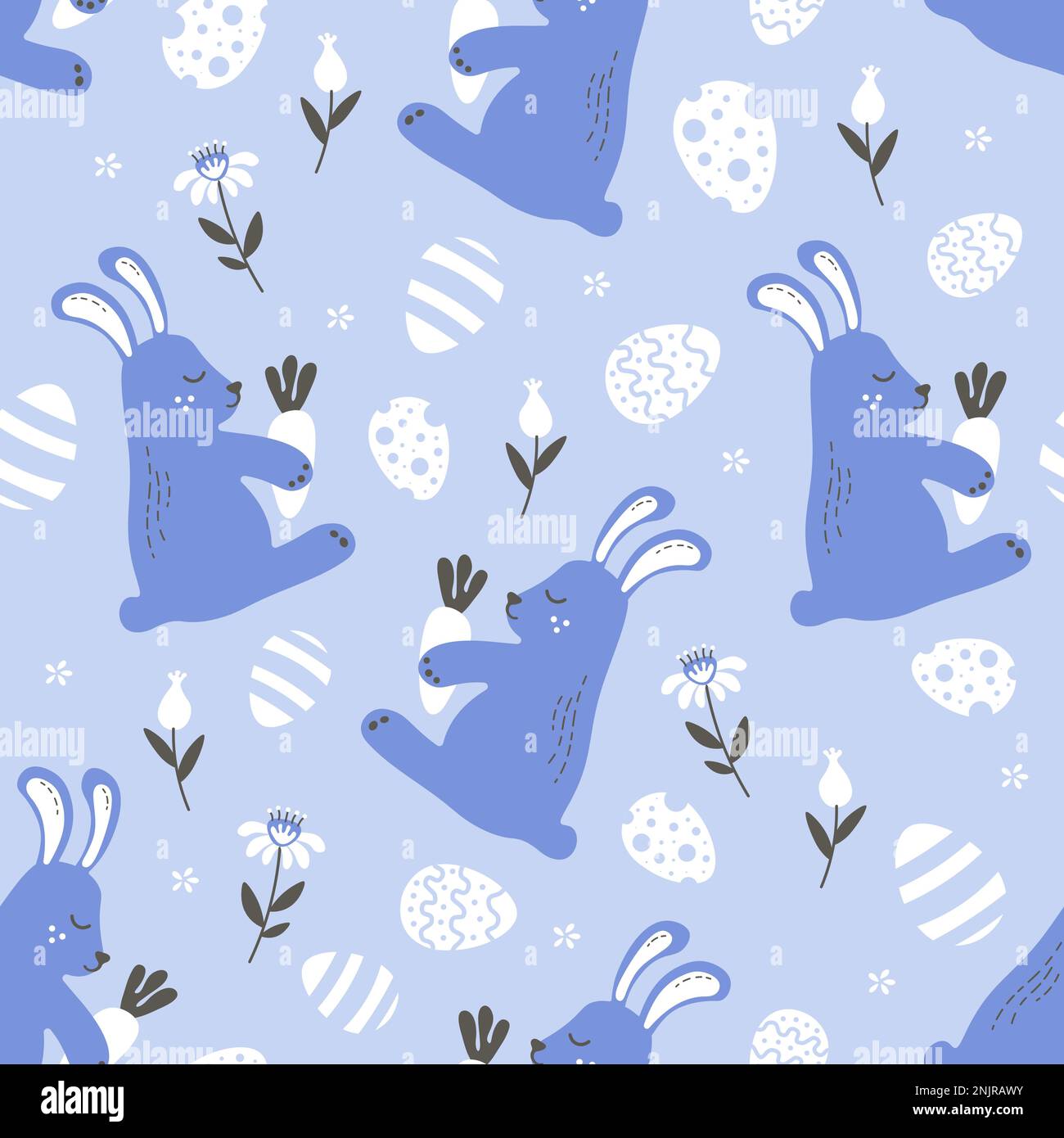blue easter pattern with cute white hares with flowers and easter eggs Stock Vector