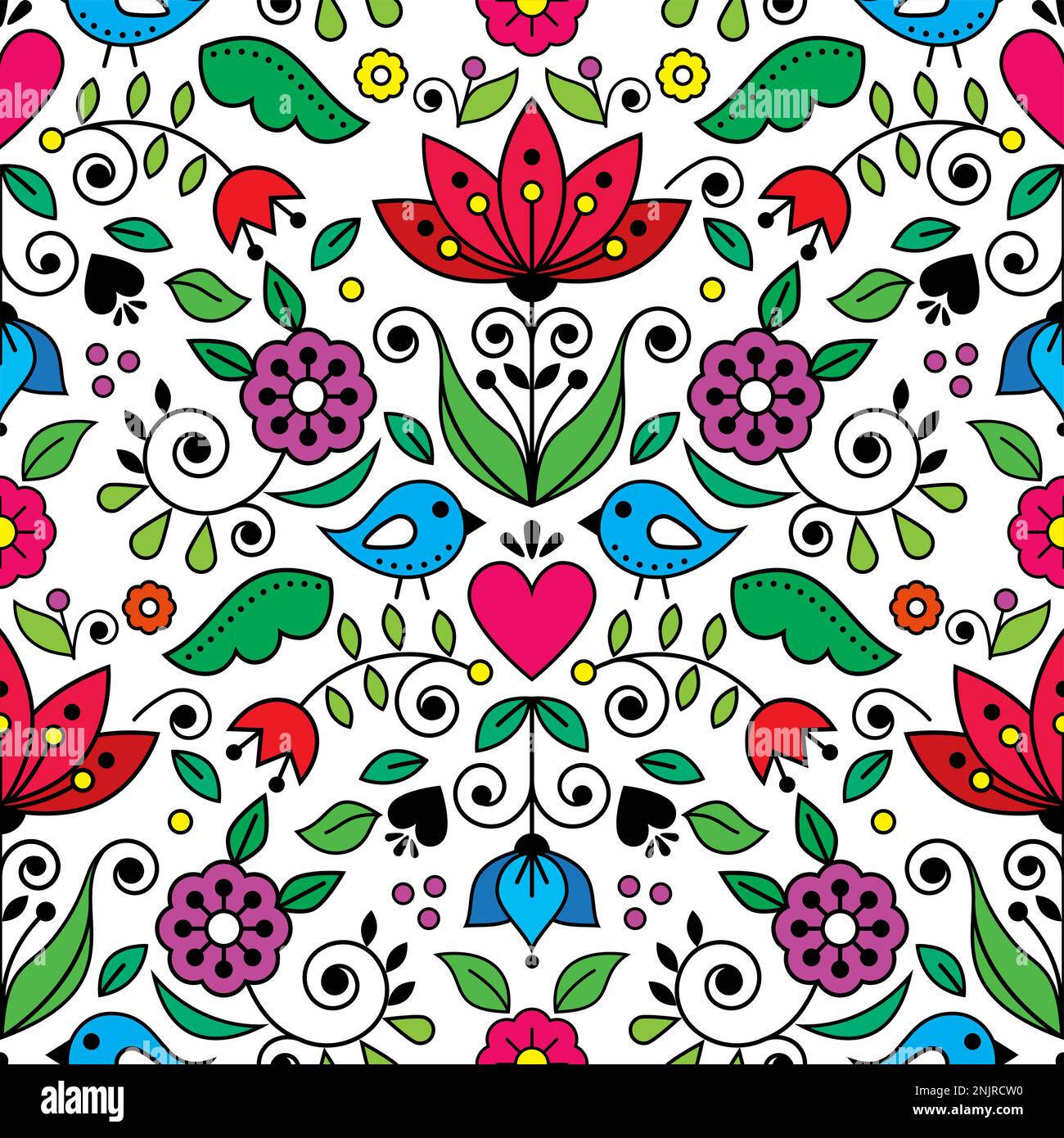 Seamless Scandinavian folk art vector seamless pattern with flowers and ...