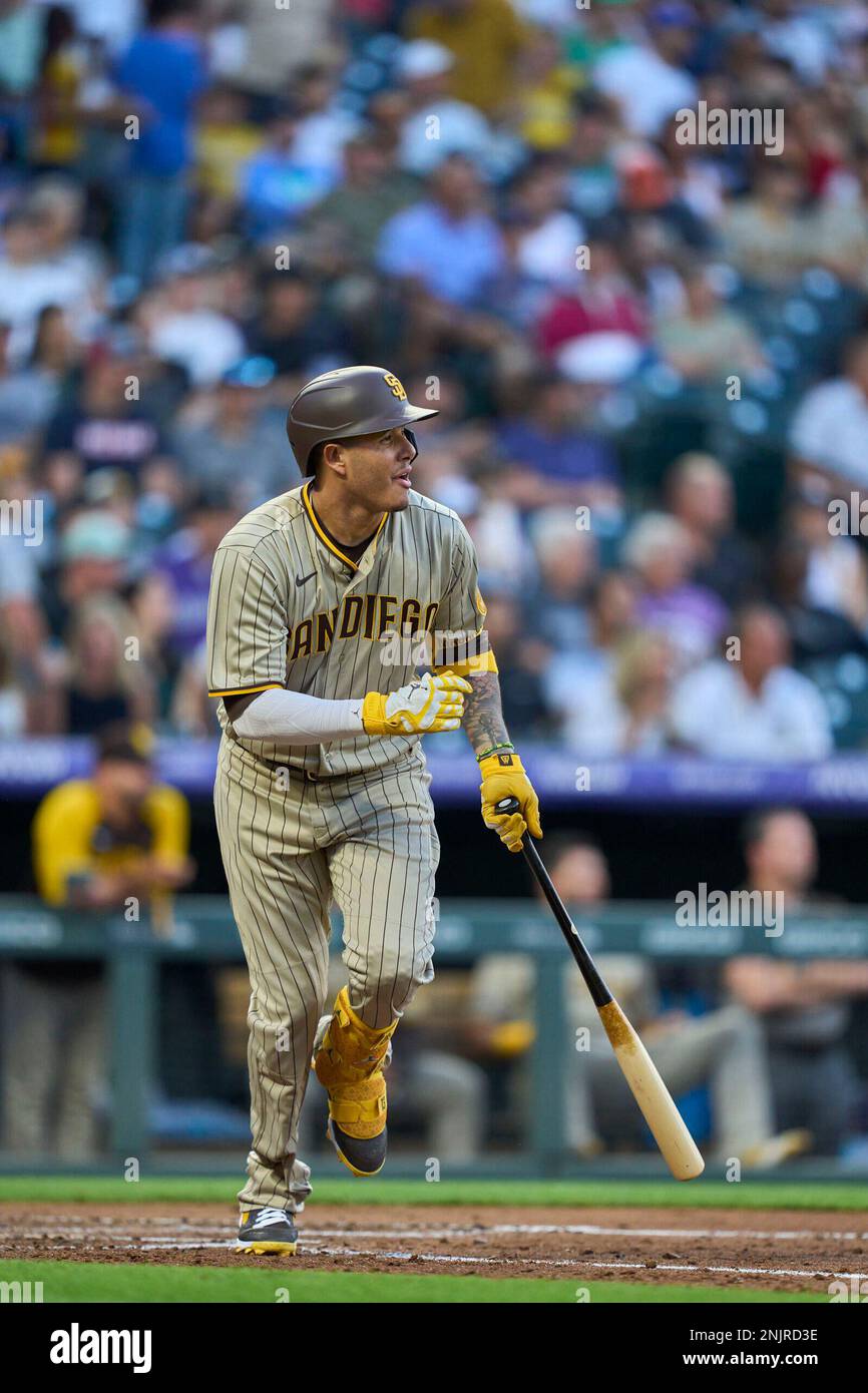 July 14 2022: San Diego catcher Jorge Alfaro (38) at first after getting a  hit during the game with San Diego Padres and Colorado Rockies held at  Coors Field in Denver Co.