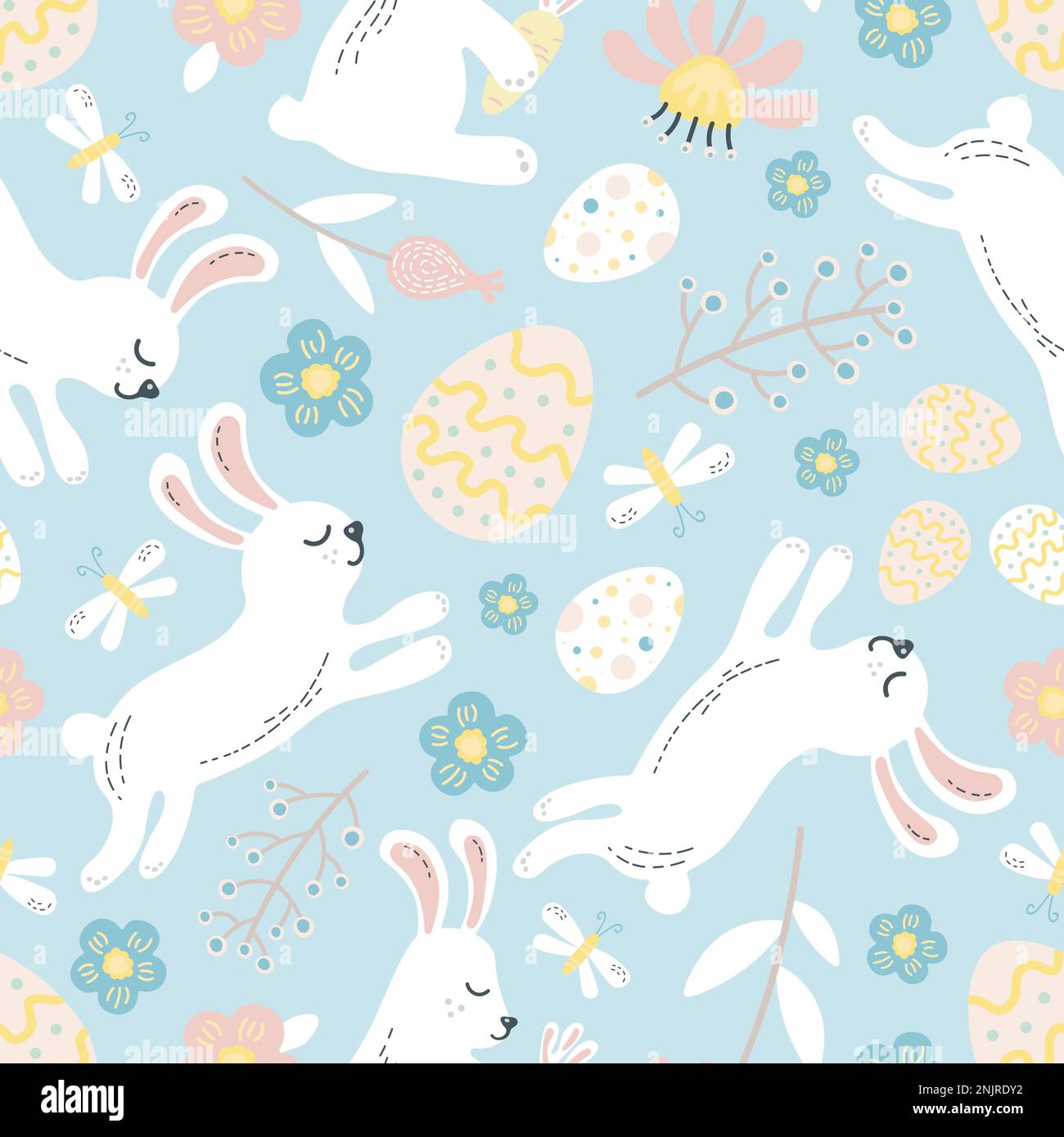 easter pattern with white easter bunnies and flowers vector Stock ...