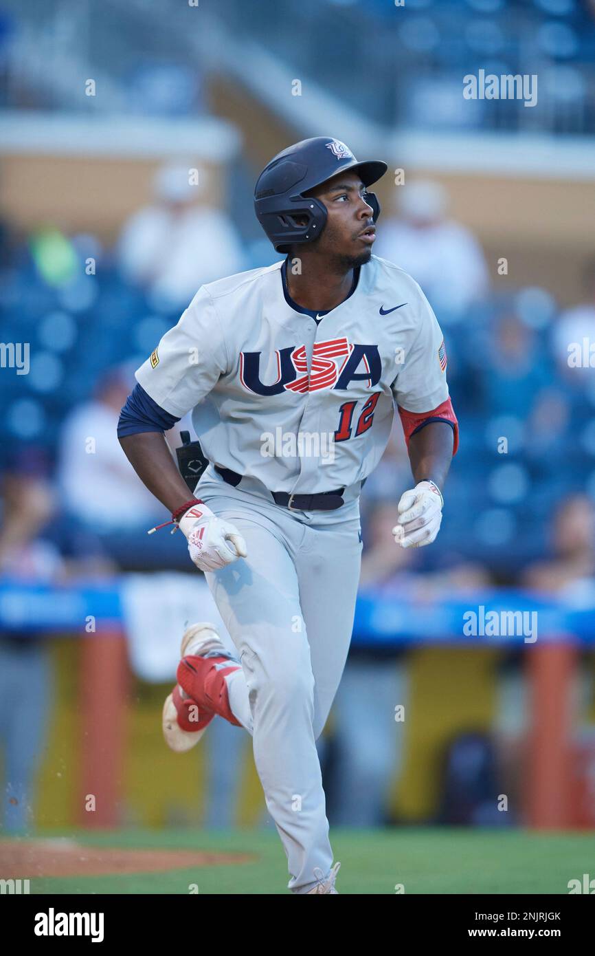 LuJames Groover III (12) (NC State) of Team Stripes during a game against Team Stars on July 1, 2022 at Durham Bulls Athletic Park in Durham, North Carolina