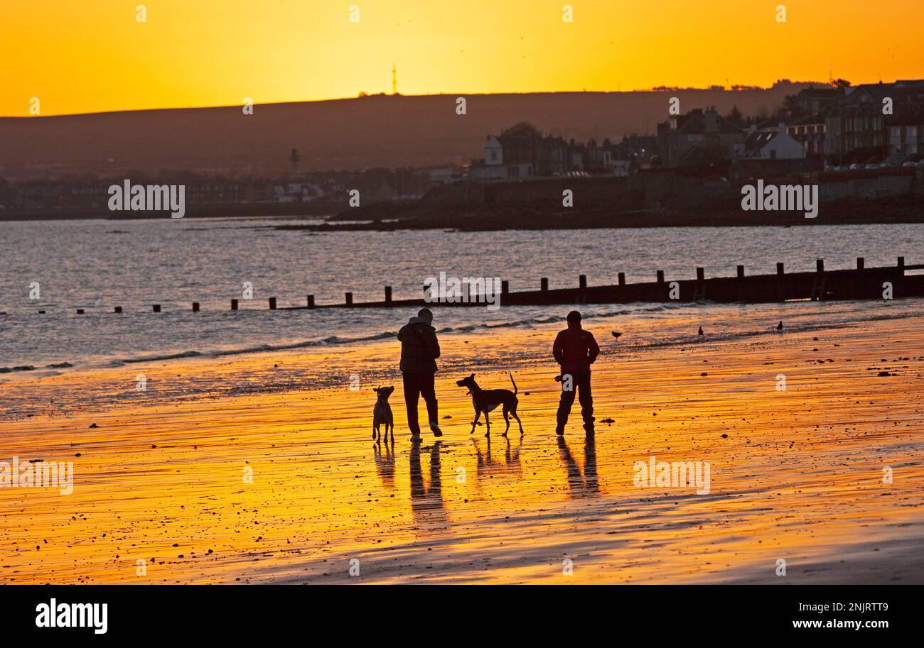Portobello, Edinburgh, Scotland, UK. 23rd February 2023. Dawn snaps for these two dog walkers at the seaside by the Firth of Forth, taking pictures of their two canine companions. Nippy temperature of minus 2 degrees centigrade. Credit: Archwhite/alamy live news. Stock Photo