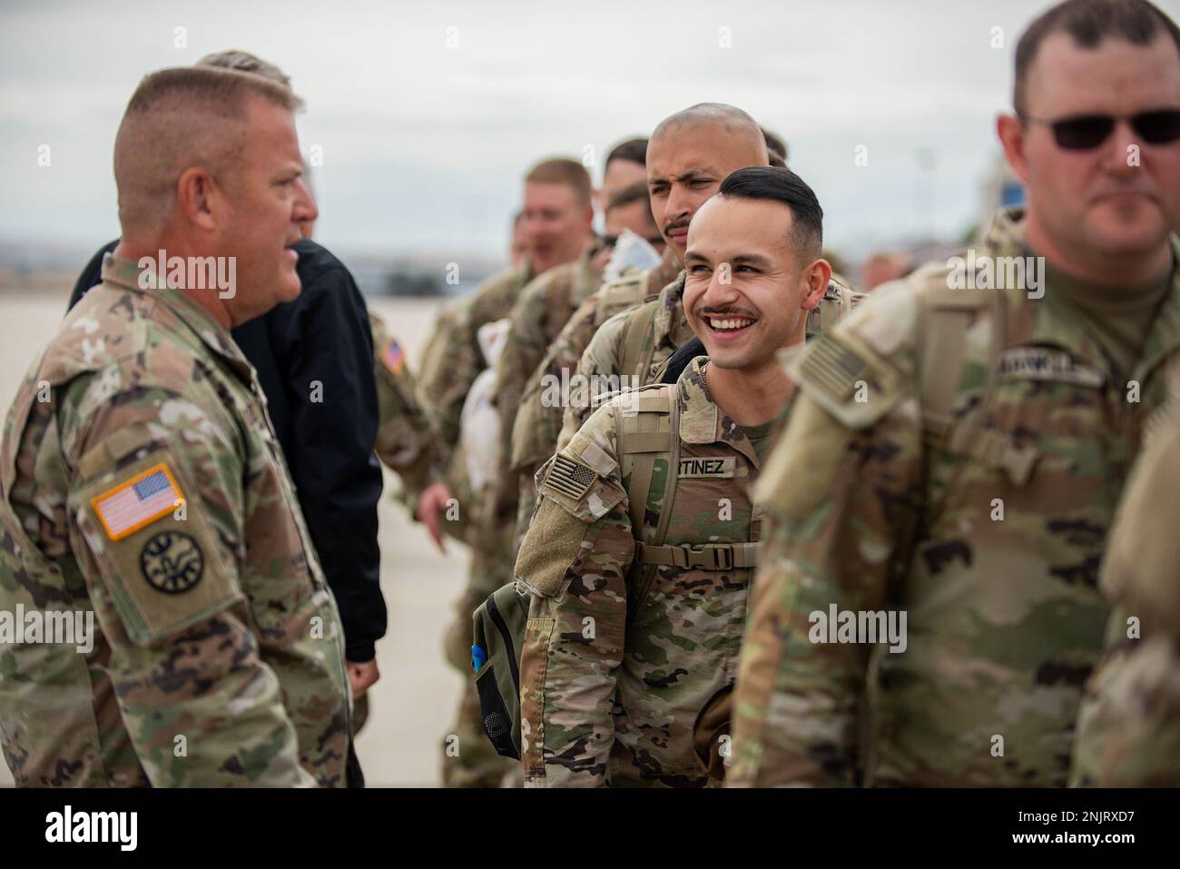 More than 600 personnel from the Idaho National Guard’s largest unit deployed August 9 and 10 in support of Operation Spartan Shield in Southwest Asia. The 116th Cavalry Brigade Combat Team’s Task Force Rattler trained for more than two years in anticipation of this mobilization. Idaho Soldiers will comprise nearly 65 percent of the task force during this rotation, and will include other Soldiers from Montana, Ohio, Oregon and South Carolina. OSS is a joint mission under the United States Central Command and is part of Operation Enduring Freedom. OSS is an ongoing operation and supported prima Stock Photo