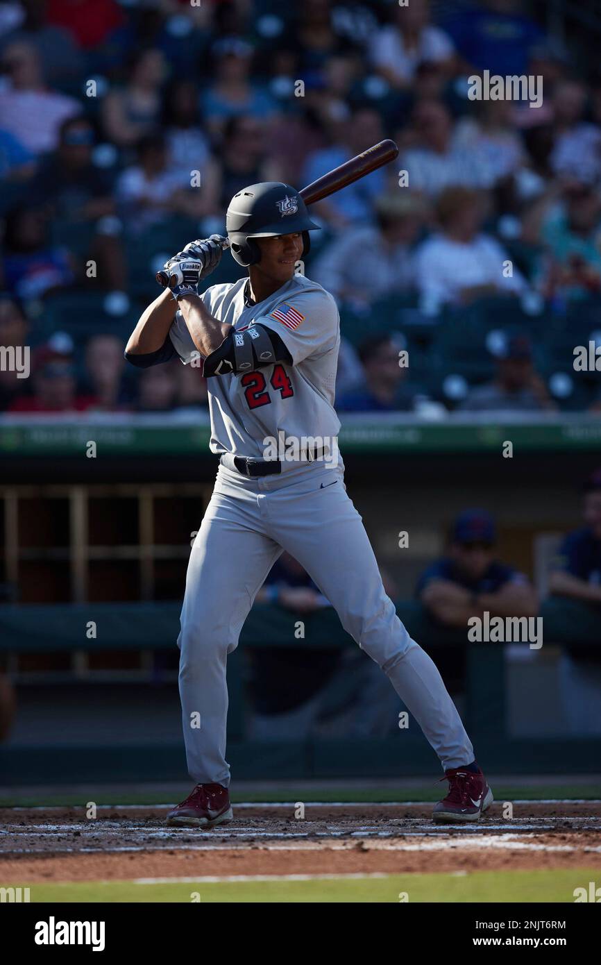 Braden Montgomery (24) (Stanford) of Team Stripes at bat against Team