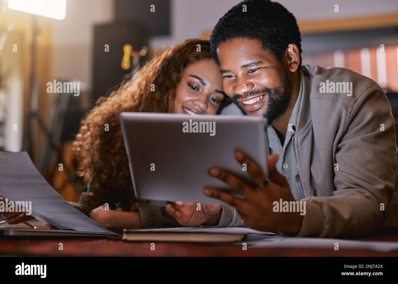 Music, songwriter and tablet with black couple in recording studio for creative, lyrics planning