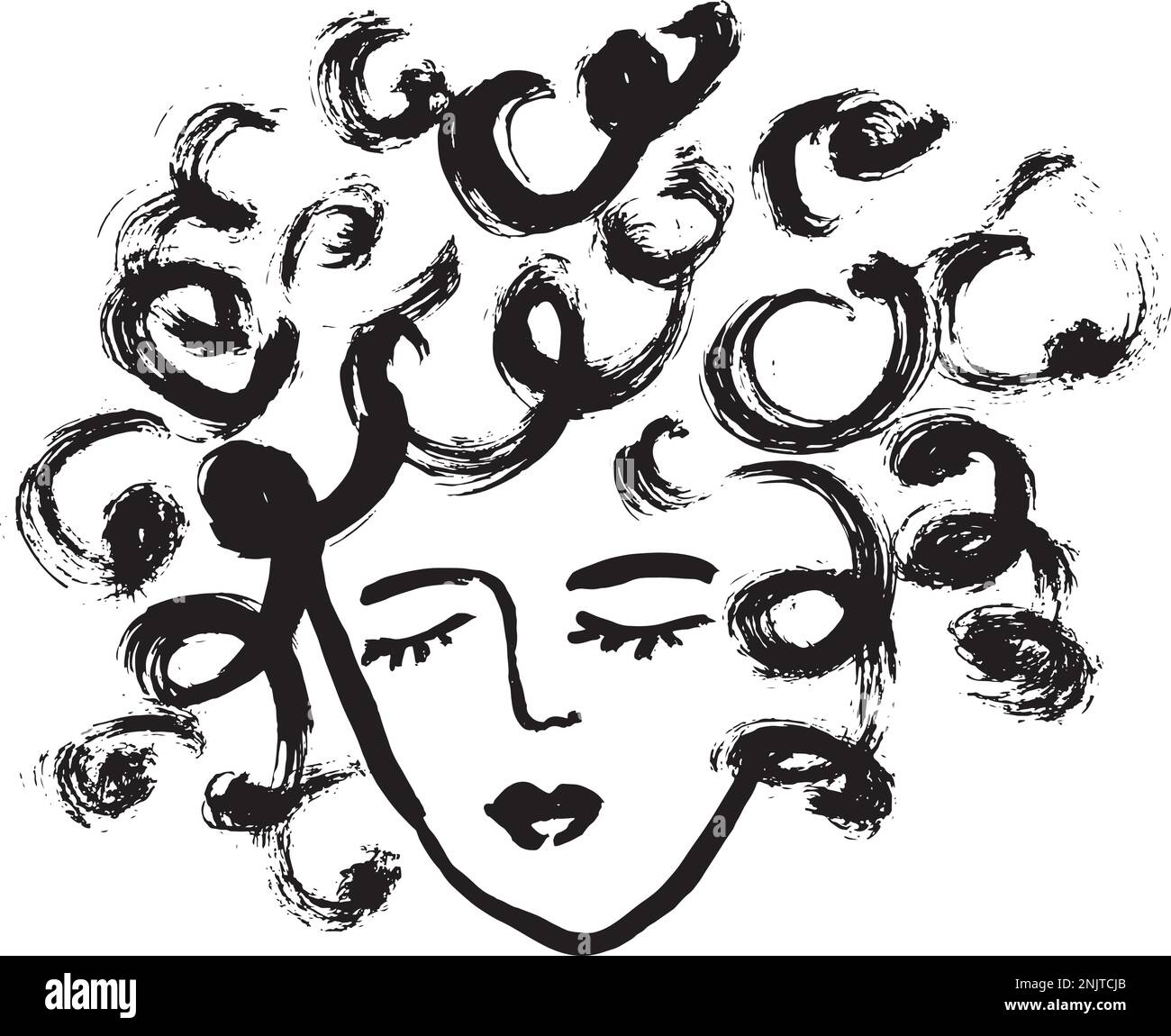 Dry Brush Grunge Style Simple Girl With Closed Eyes Portrait. Stock Vector