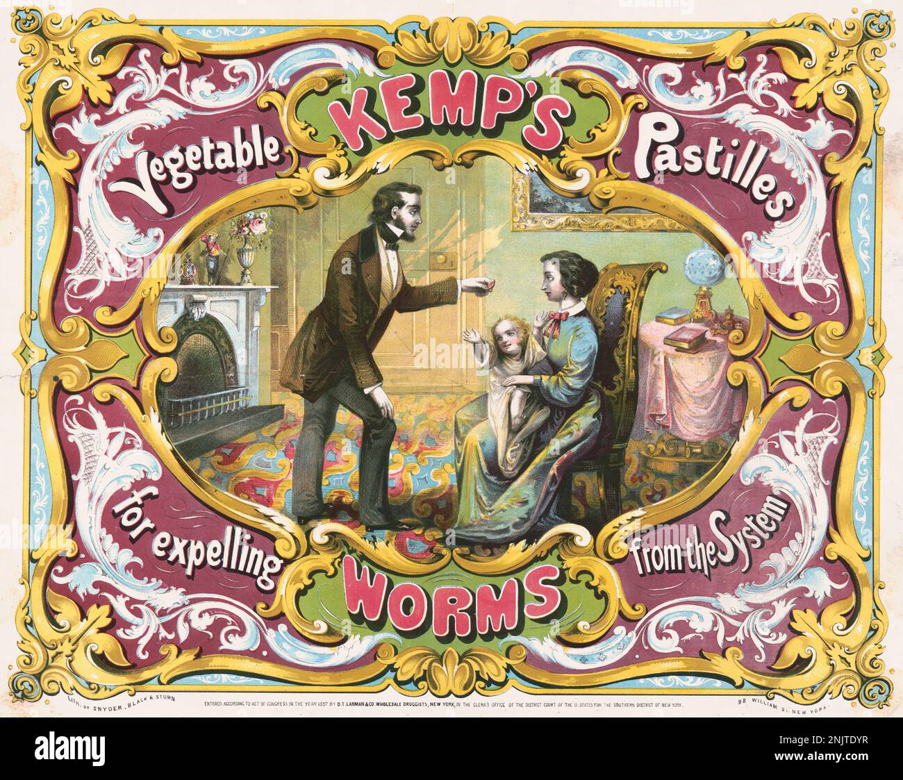 Victorian Advertising Illustration poster for Kemp's vegetable tablets for   Expelling worms from the system. Stock Photo