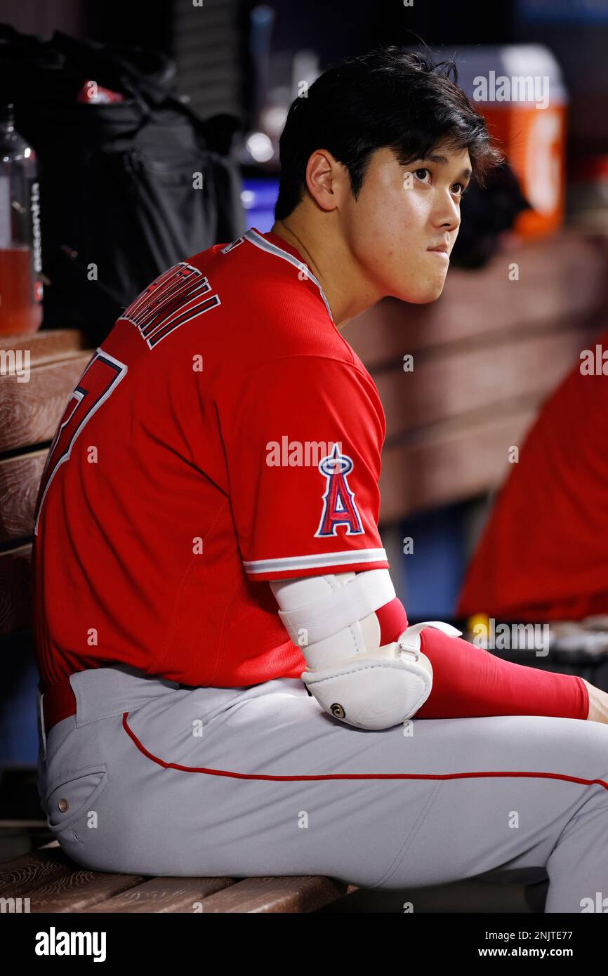 MIAMI, FL - JULY 05: Los Angeles Angels designated hitter Shohei Ohtani  (17) looks on in the dugout during an MLB game against the Miami Marlins on  July 5, 2022 at LoanDepot