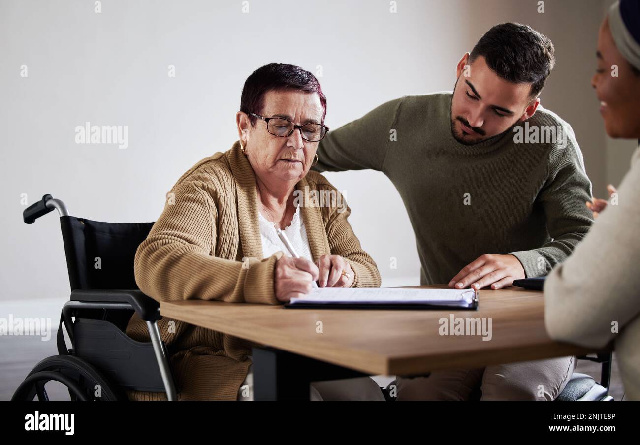 Legal, contract or senior woman signature for disability compensation