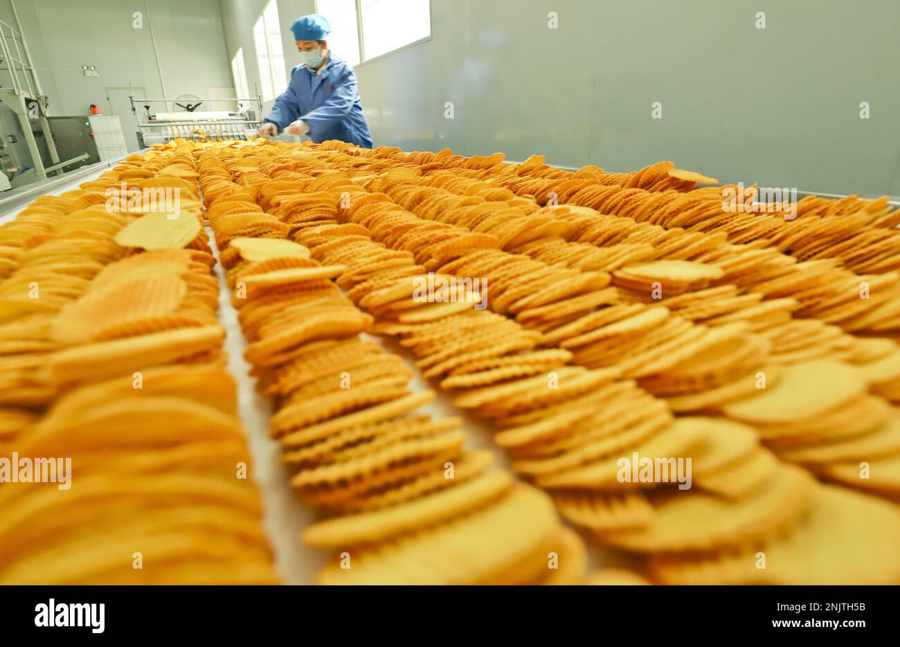 ZHANGYE, CHINA FEBRUARY 22, 2023 Workers control various equipment to produce potato chips