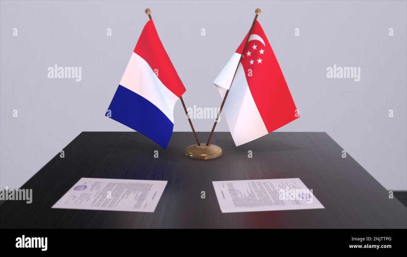 Singapore and France national flags on table in diplomatic conference