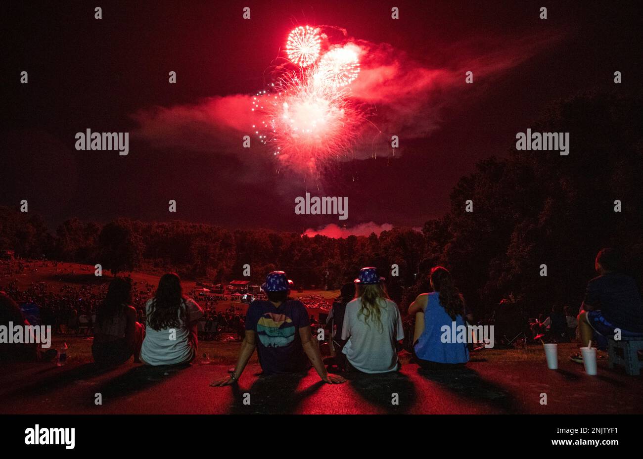 Fireworks explode above the Corvette Museum Amphitheater in Bowling