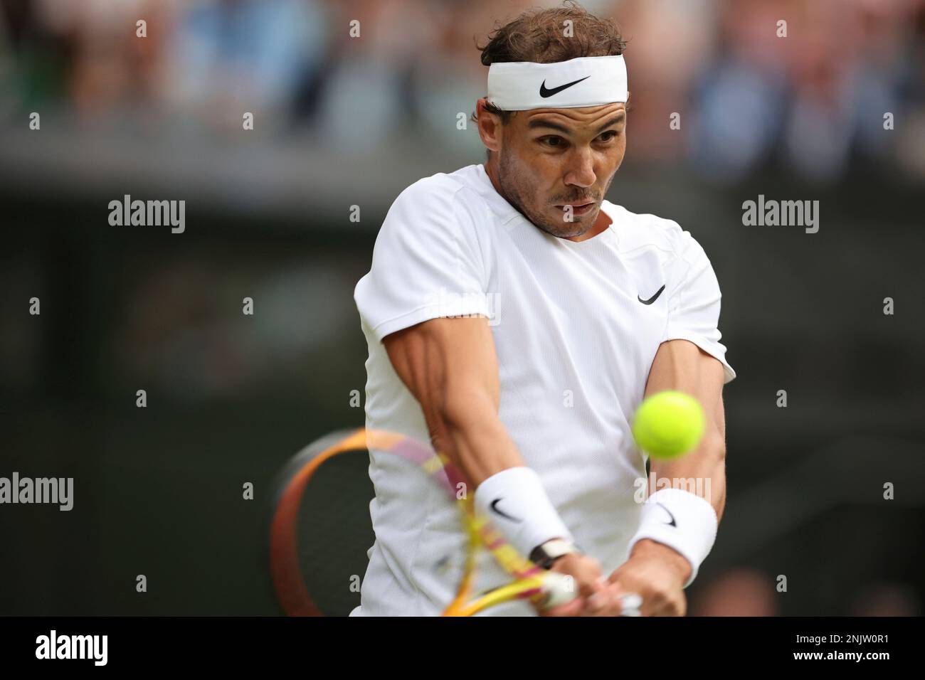Rafael Nadal of Spain hits a ball against Lorenzo Sonego of Italy during the third round of the gentlemens singles in the Championships, Wimbledon at All England Lawn Tennis and Croquet Club