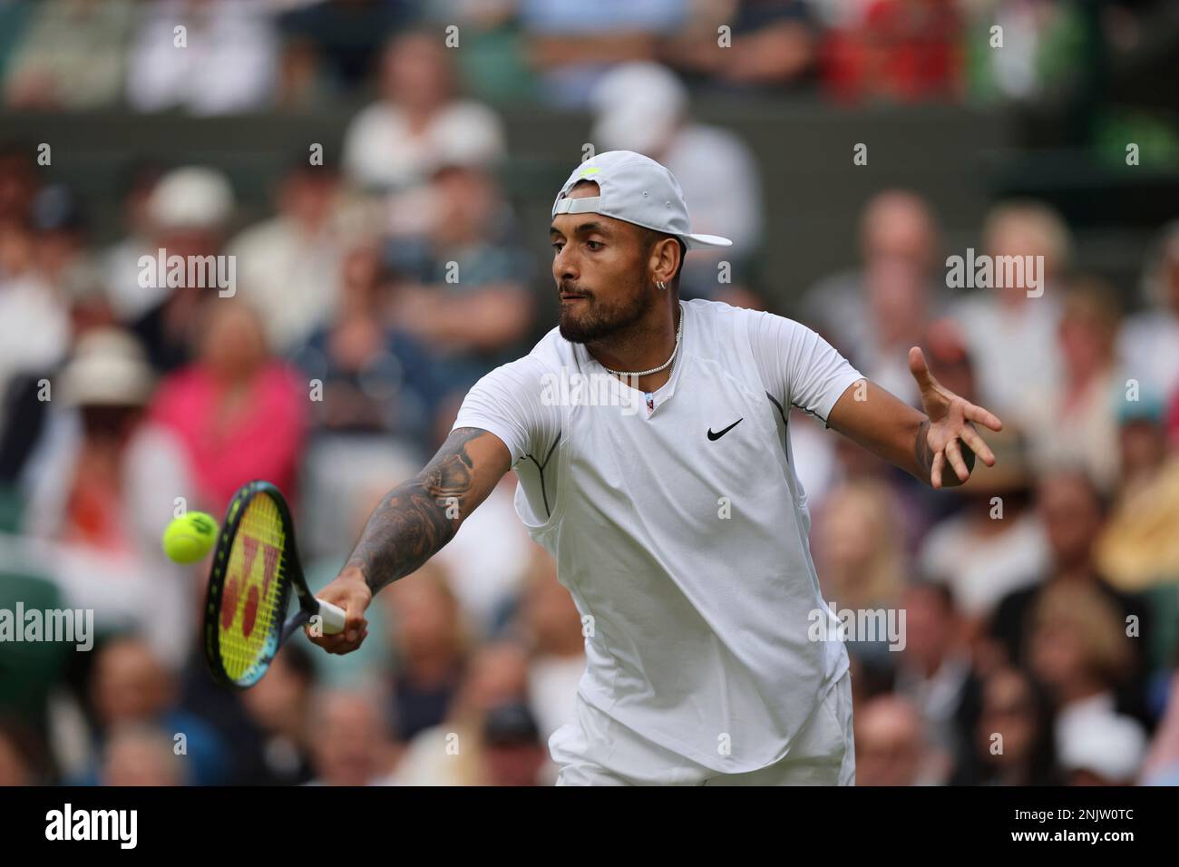 Nick Kyrgios of Australia plays against Stefanos Tsitsipas of Greece during the game of the gentlemens singles third-round match in the Championships, Wimbledon at All England Lawn Tennis and Croquet Club in