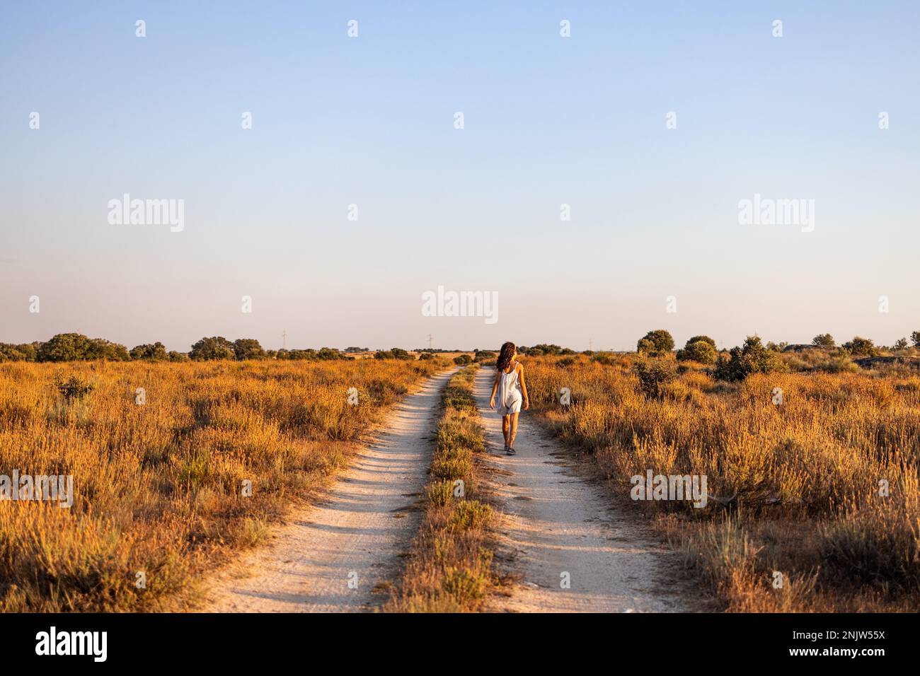 Lonely girl walking on a country road. Back view Stock Photo - Alamy