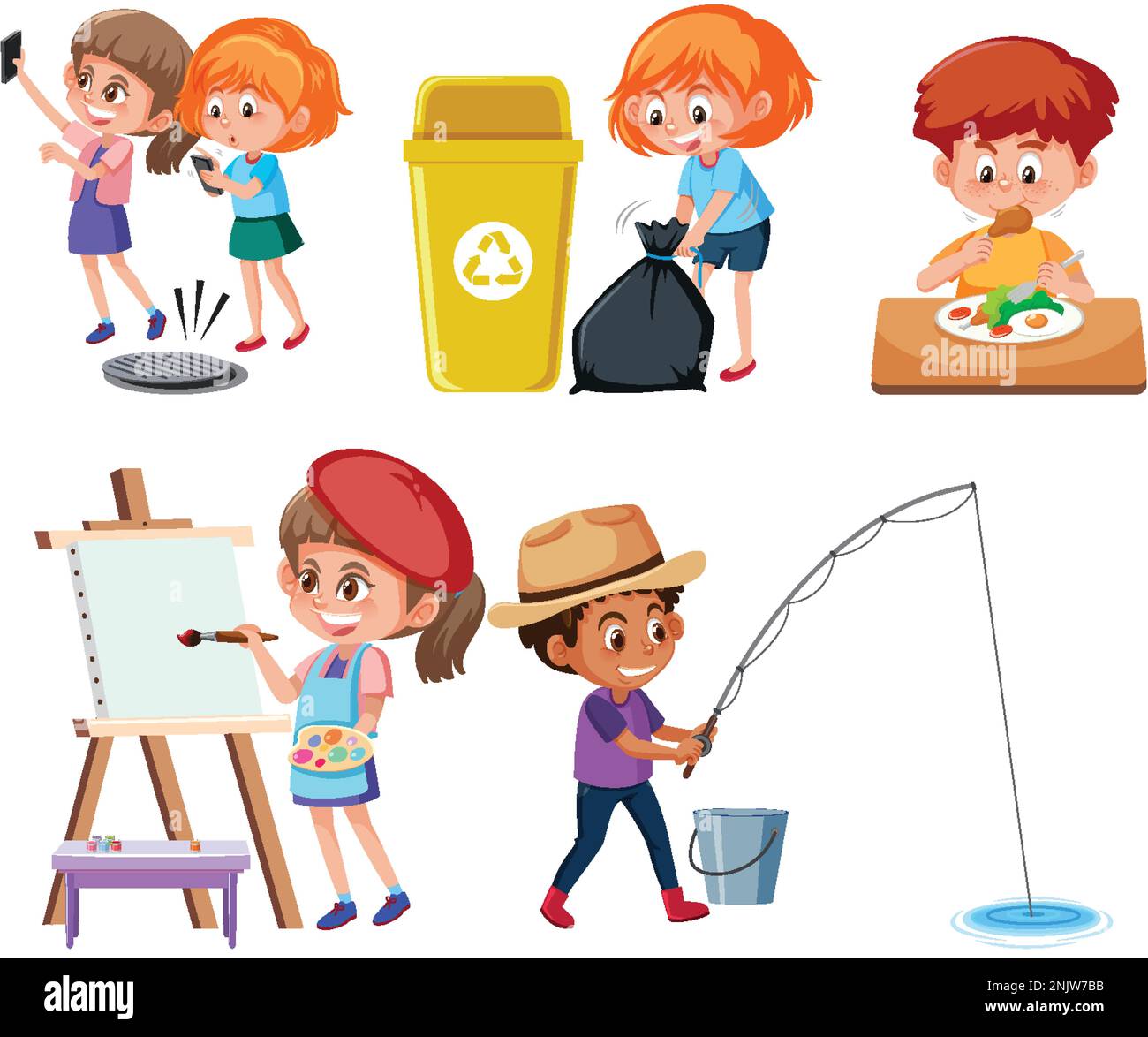 Set of children cartoon character with different action illustration ...