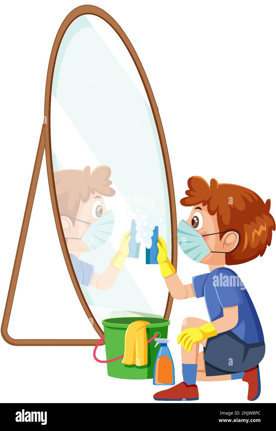 A boy wiping mirror by rag and spray illustration Stock Vector Image \u0026 Art  - Alamy, image size:890x1390