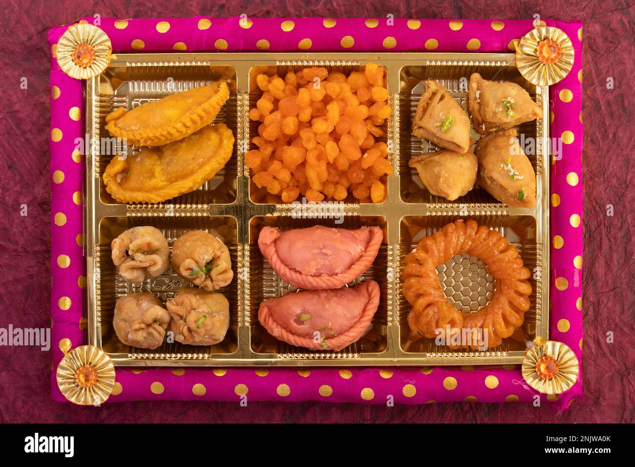 Variety Of Assorted Desi Ghee Indian Mithai viz. Kesar Gujiya, Pink
