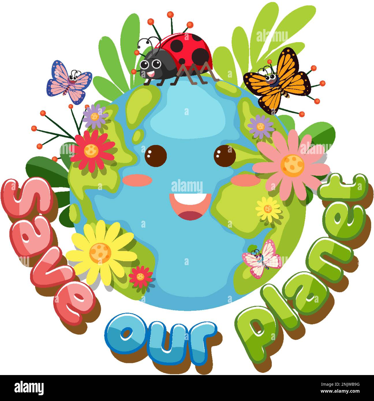 Save our planet text with a happy earth character illustration Stock ...