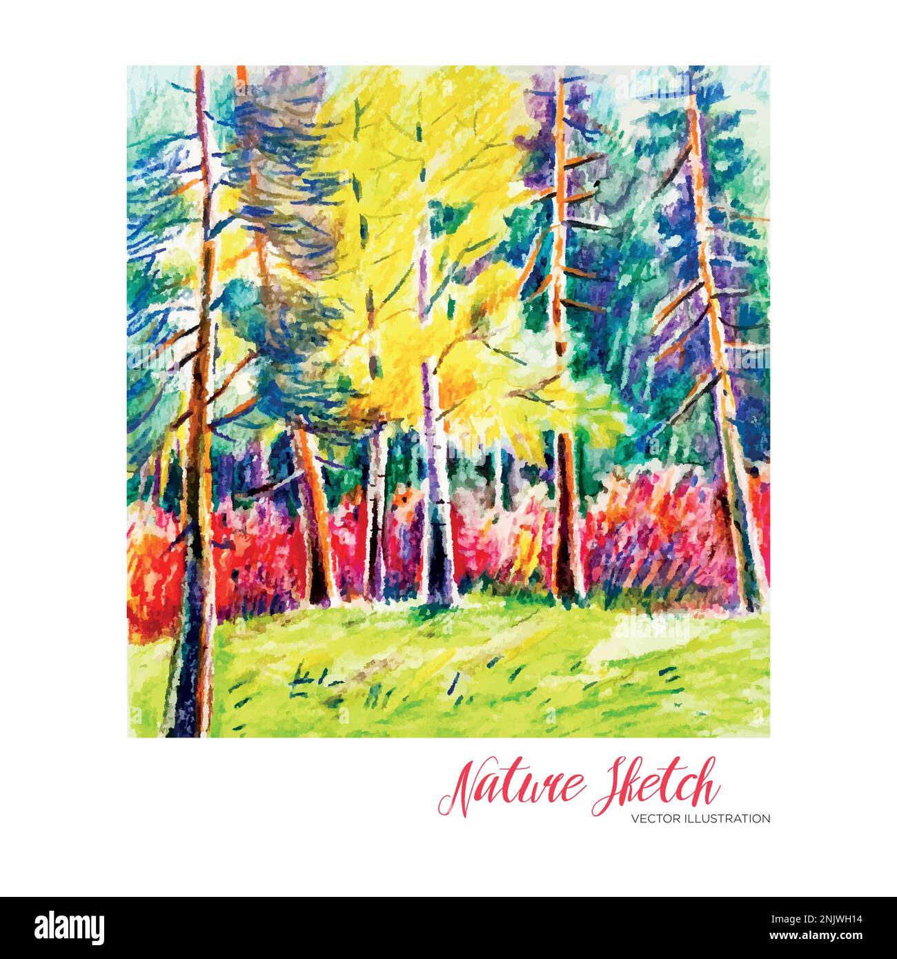 https://c8.alamy.com/comp/2NJWH14/sketch-graphic-landscape-colored-pencils-vector-illustration-summer-nature-illustration-art-background-autumn-2NJWH14.jpg