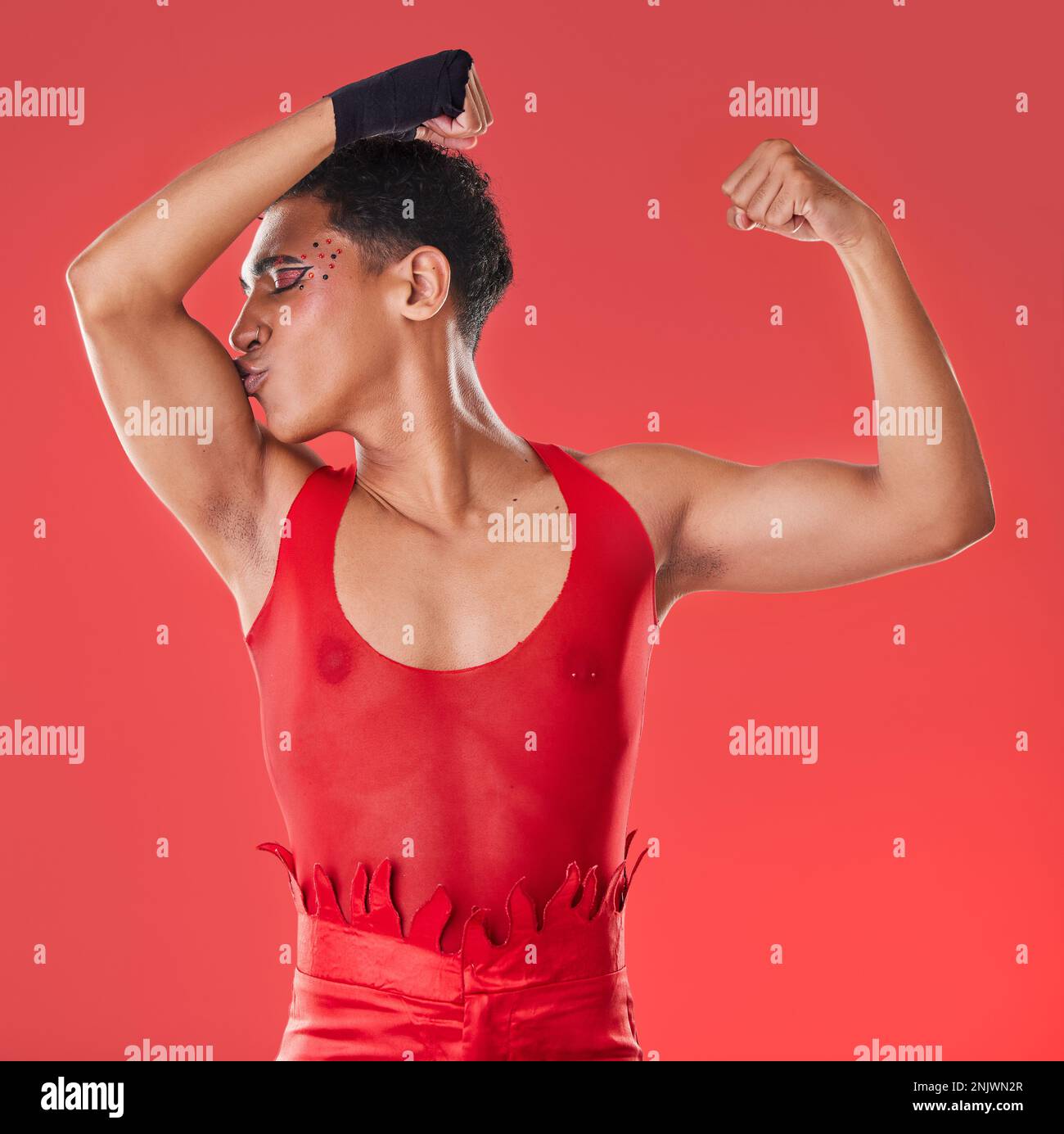Man, studio and arm muscle kiss with wrestling, punk costume and makeup ...